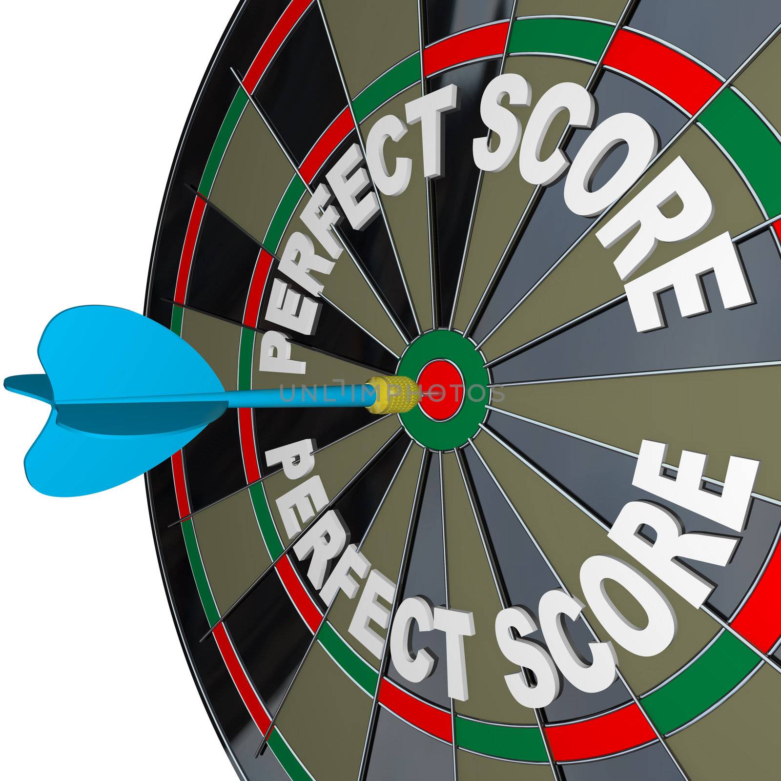 The words Perfect Score on a dartboard with one dart hitting the center to win the game with highest possible score and complete victory