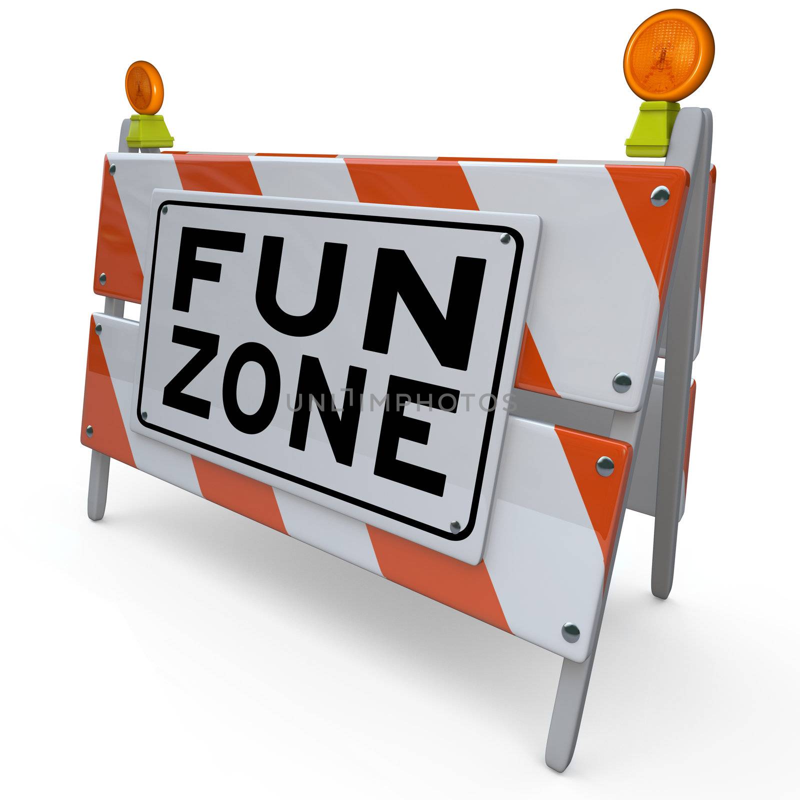 An orange and white construction barricade sign reading Fun Zone to indicate an area set aside for playing, entertainment, games and other activities for 