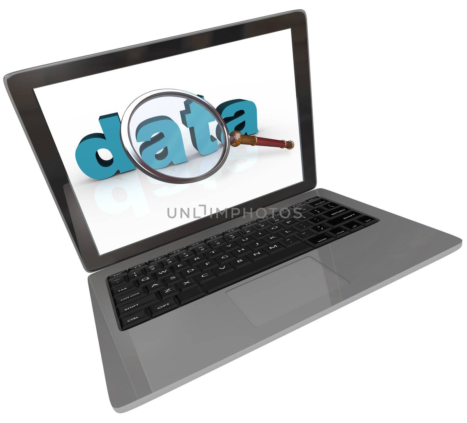 A modern silver or aluminum laptop computer showing a magnifying glass on screen hovering over the word data, searching for information, demographics or statistics for work or a project