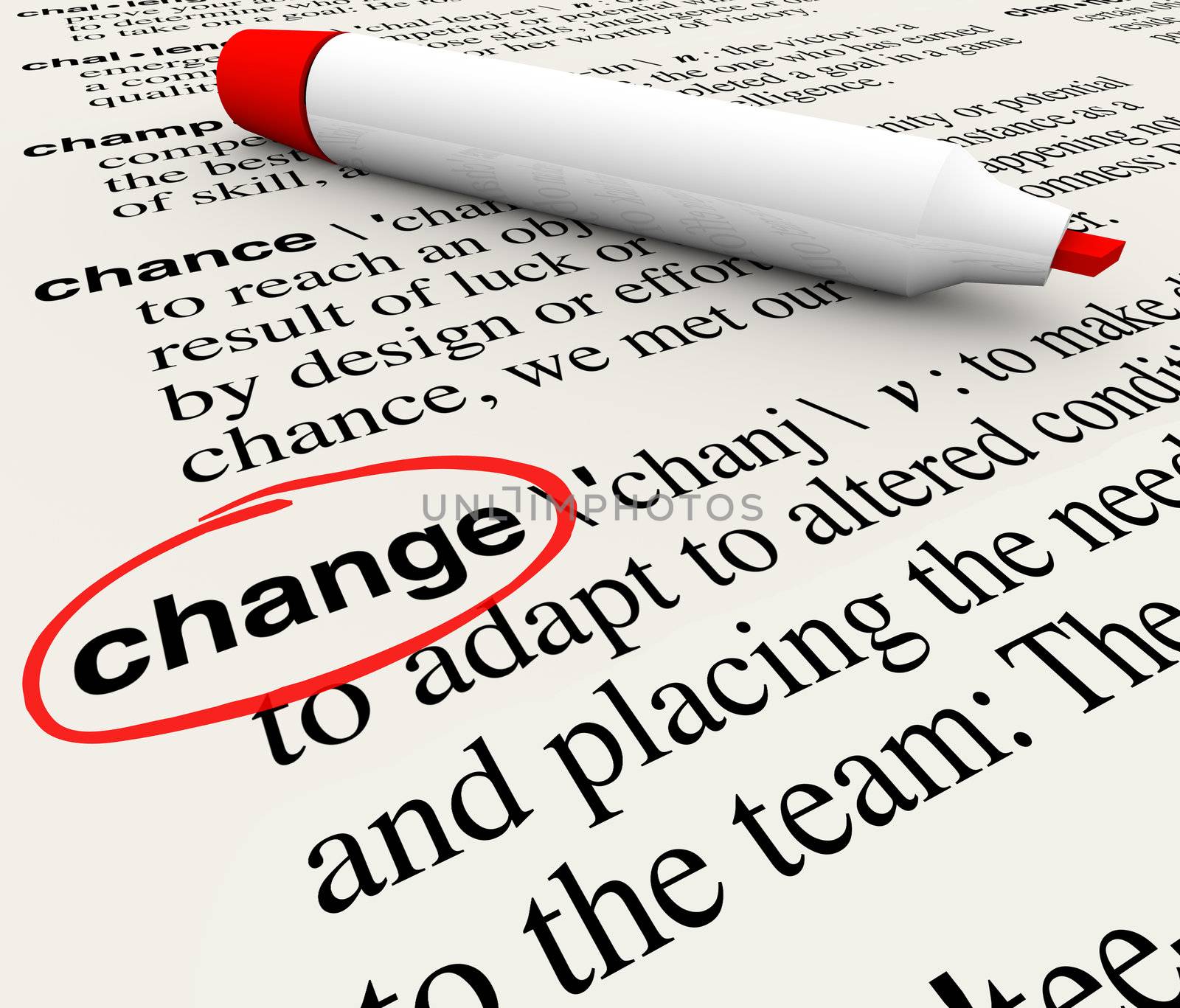 A dictionary page with the word change circled to define the term as adapting and evolving to conditions that require shifting your perspective or actions to survive and thrive