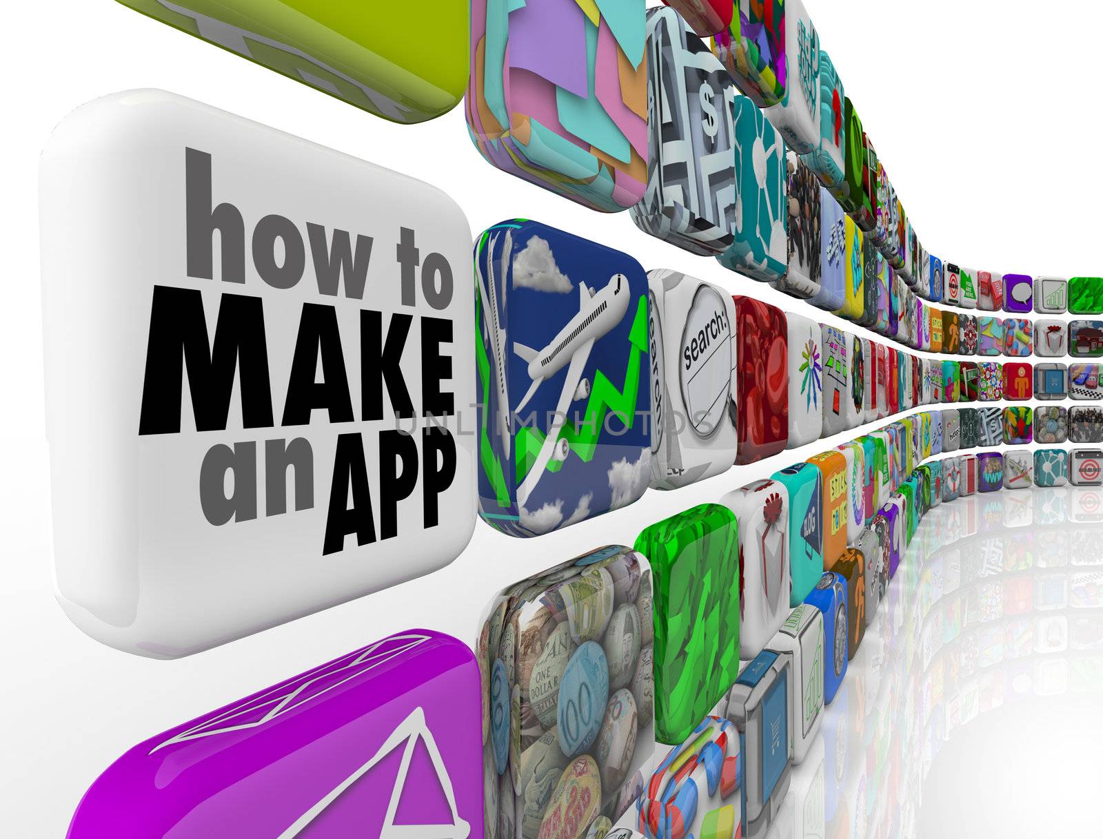 How to Make an App message on a white application tile in a wall of downloadable software icons, promising advice and instructions on programming or developing apps for phones and mobile devices