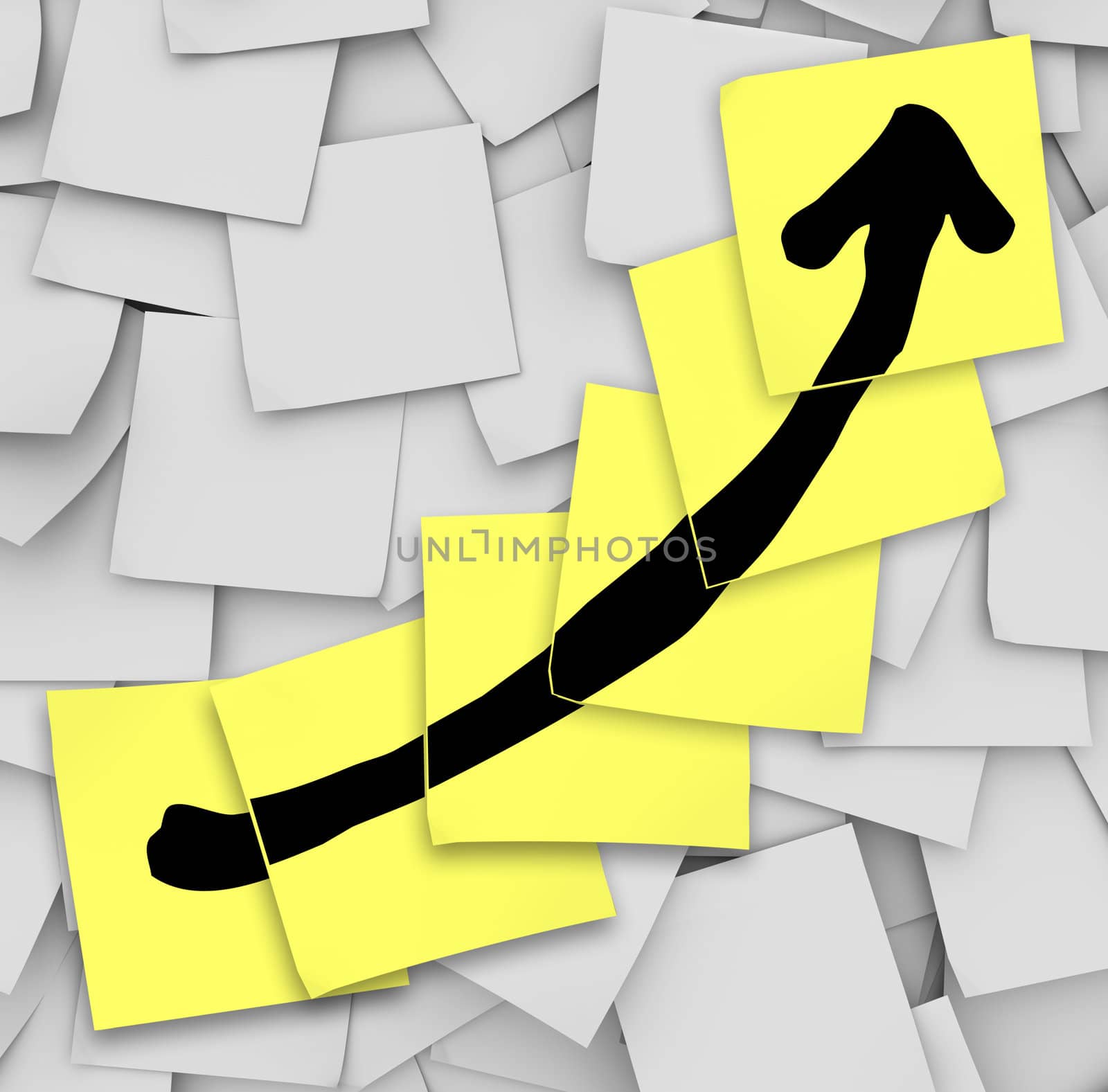 An arrow drawn on several yellow sticky notes to track your success or growth in improving or increasing your results as you work toward a succeeding in a goal or work project
