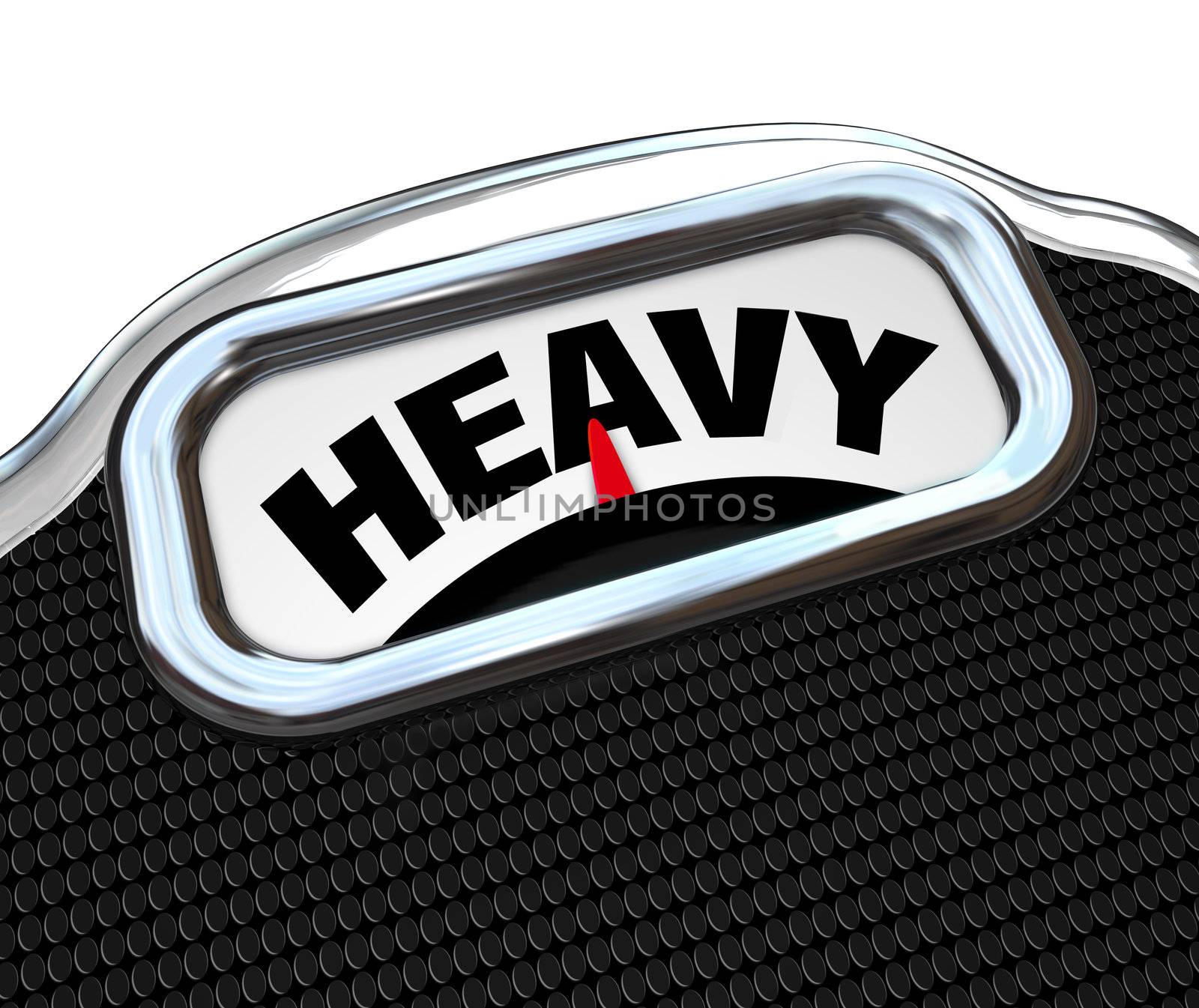 The word Heavy on the display of a scale in close-up, measuring weight or mass to determine if you are overweight and need to diet to improve your health and lose weight