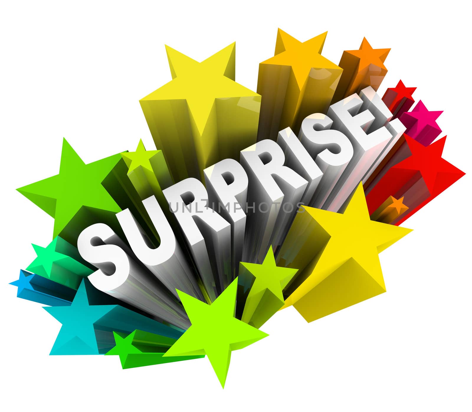 The word Surprise in 3d letters shooting out of a burst of colorful stars or fireworks illustrating the excitement of fun news or information