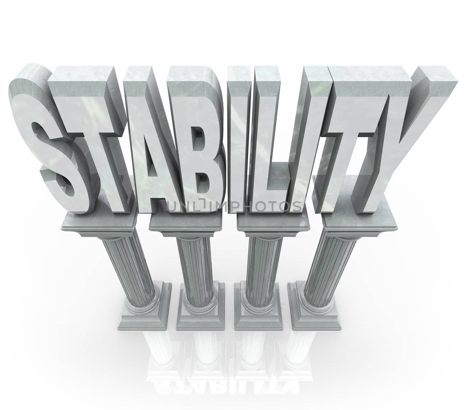 The word Stability on marble stone columns representing dependability strength, resilience, maturity and other features that you can rely on when in need of help