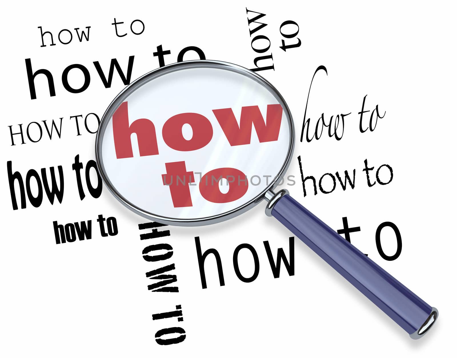 The words How To found by a magnifying glass symbolizing the research for finding instructions on performing a task or working on a difficult project