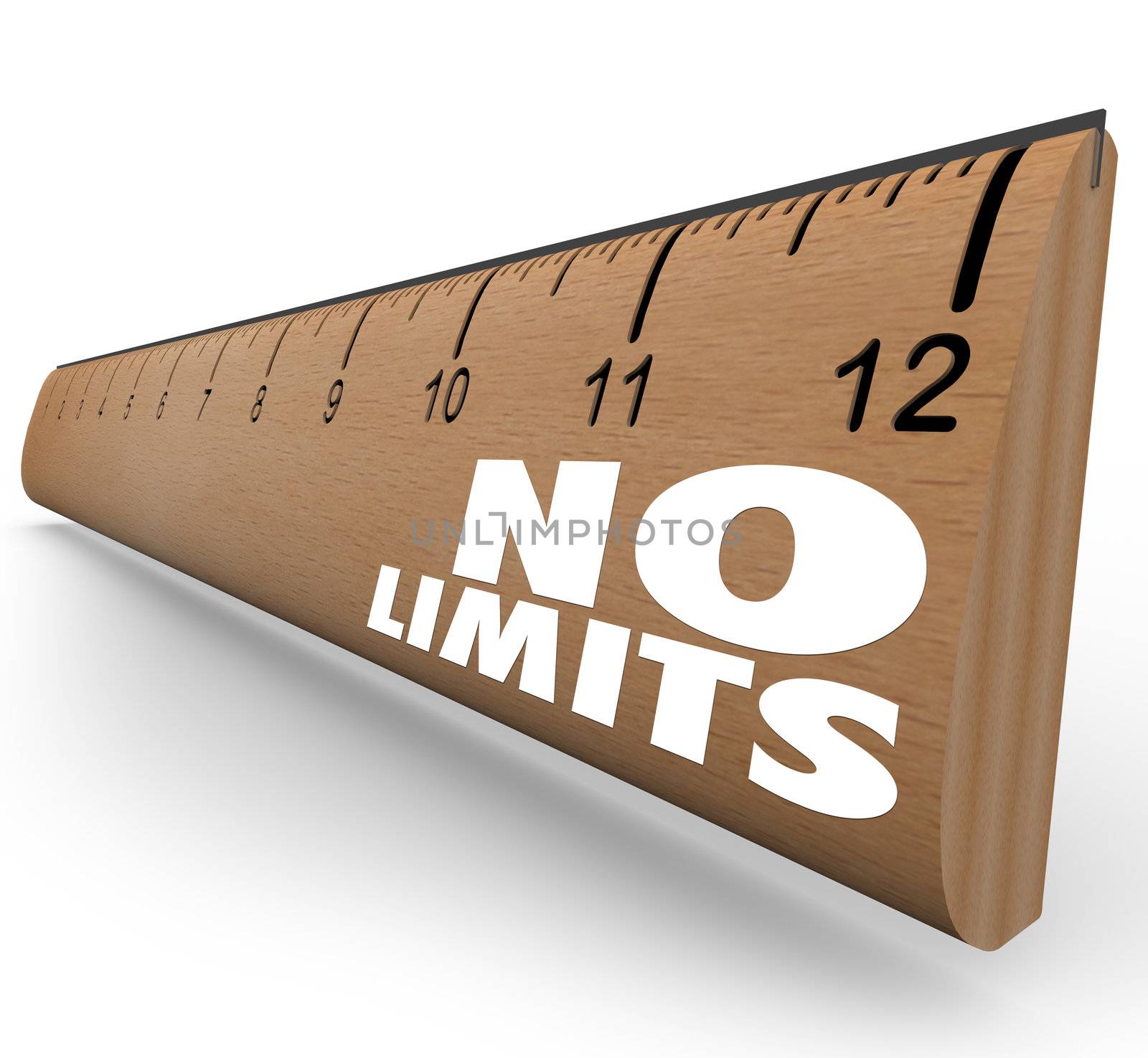The words No Limits on a ruler illustrates the unlimited potential of an opportunity and the great possibilities of surpassing your goals
