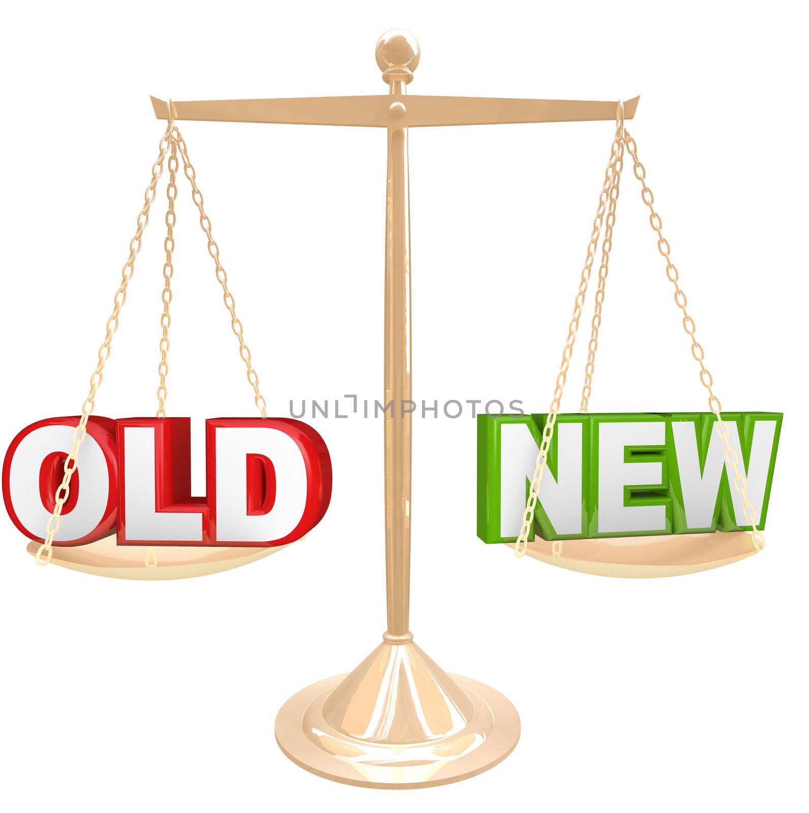 Weigh the pros and cons of something old vs a new choice with words on a gold balance or scale comparing a newer or older product or object