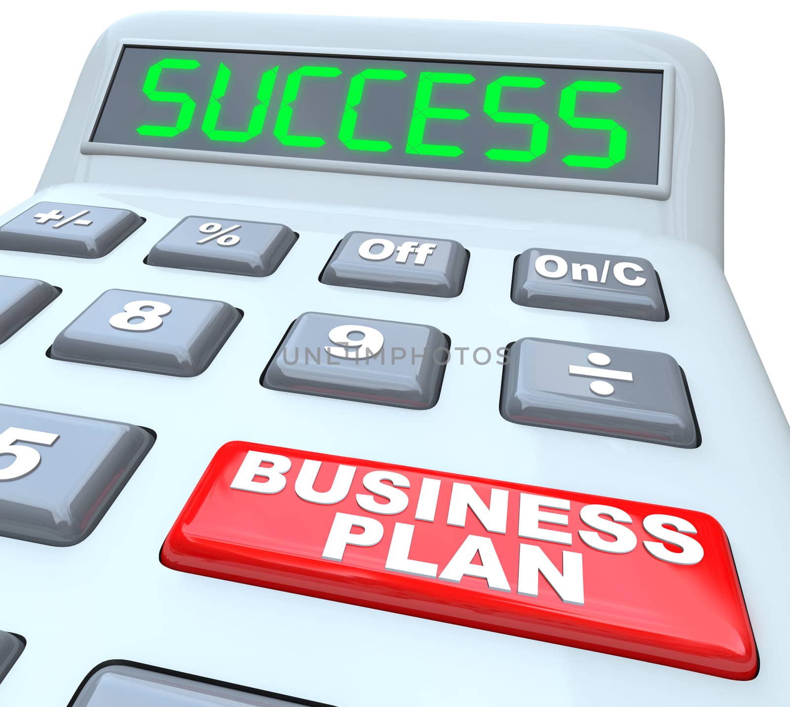 The words Business Plan on a red button of a calculator with the word Success on its digital display to illustrate the importance of having a vision for your company or organization to succeed