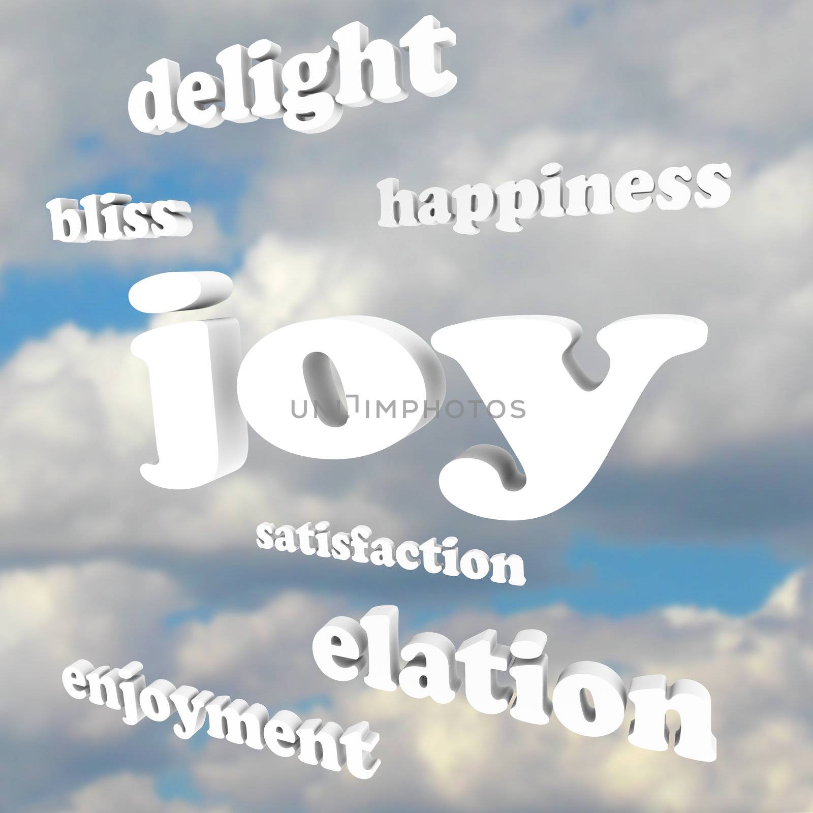 Joy Words in Cloudy Sky Satisfaction Happiness by iQoncept