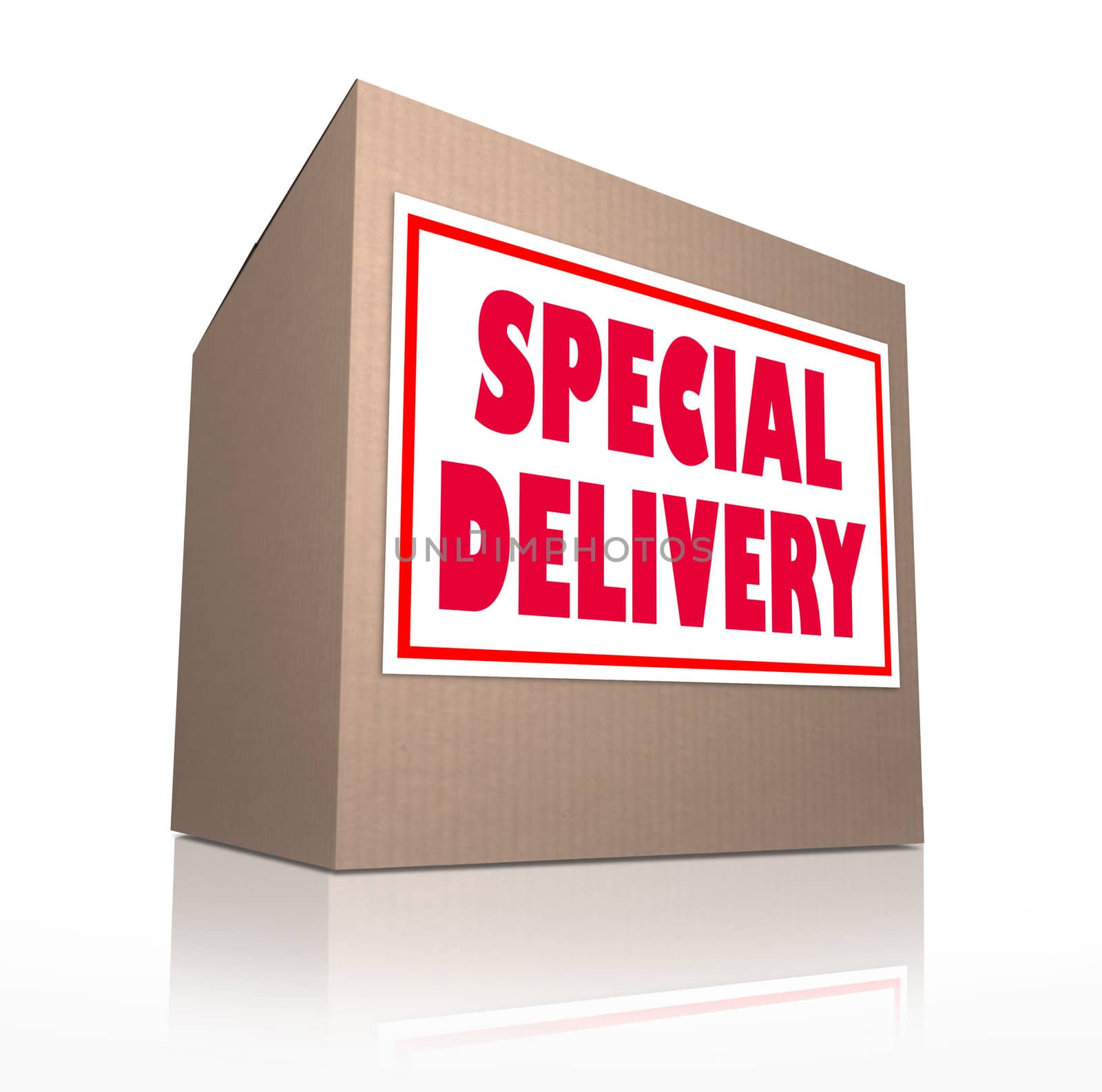 The words Special Delivery on a cardboard box sent through the mail containing merchandise from shopping or a gift or present for a special occasion