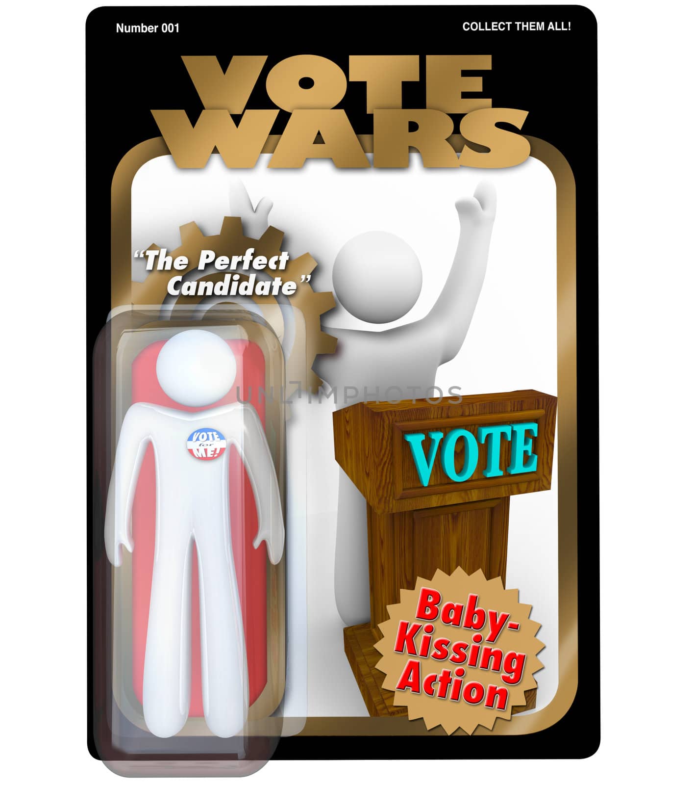 A candidate for election is packaged and sold as an action figure to promote his political campaign and quest for government office