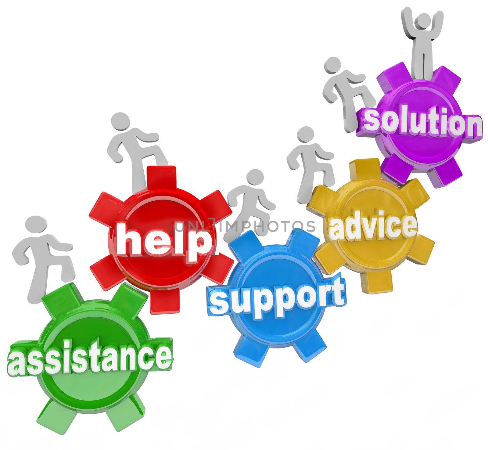 Several people rising on gears helping each other to achieve success and reach a solution through assistance, help, support and service, representing teamwork needed to achieve a goal