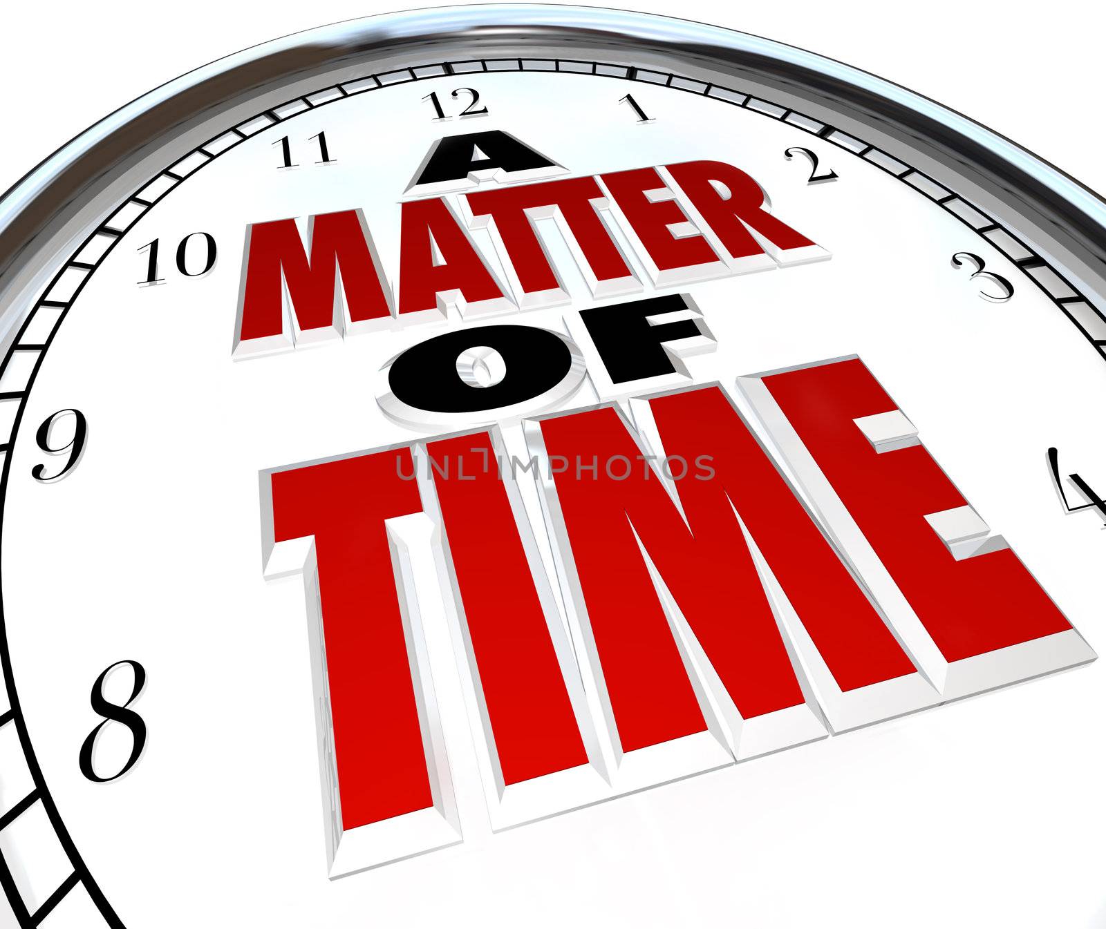 The words A Matter of Time on a clock to represent passing moments and a ticking countdown or deadline or and end to a period of session