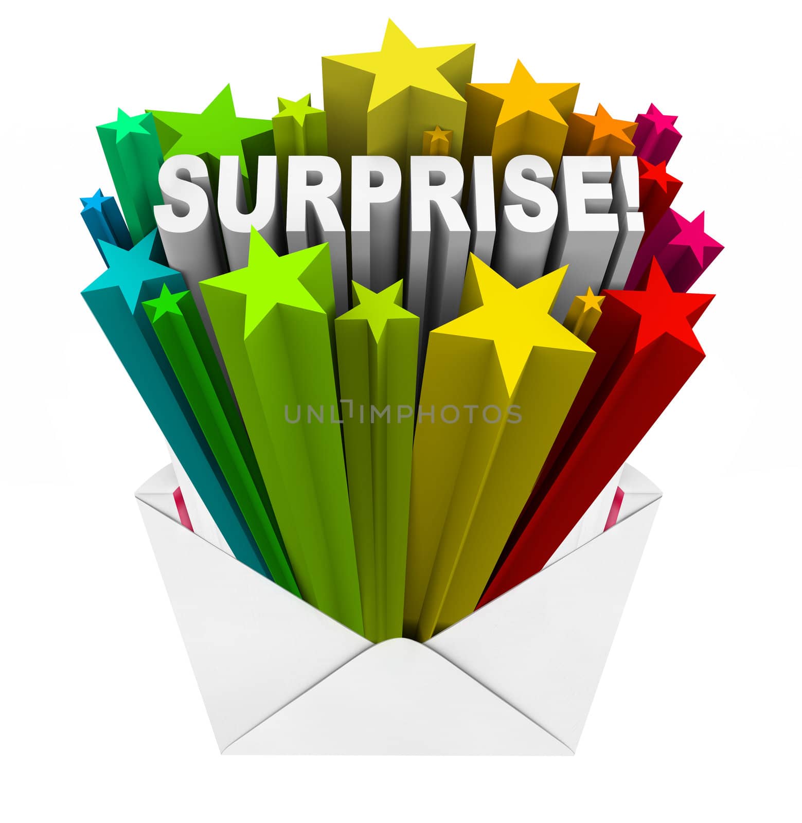 The word Surprise bursts with a bunch of colorful stars out of an open envelope to announce an unpredictable, fun, surprising announcement or message