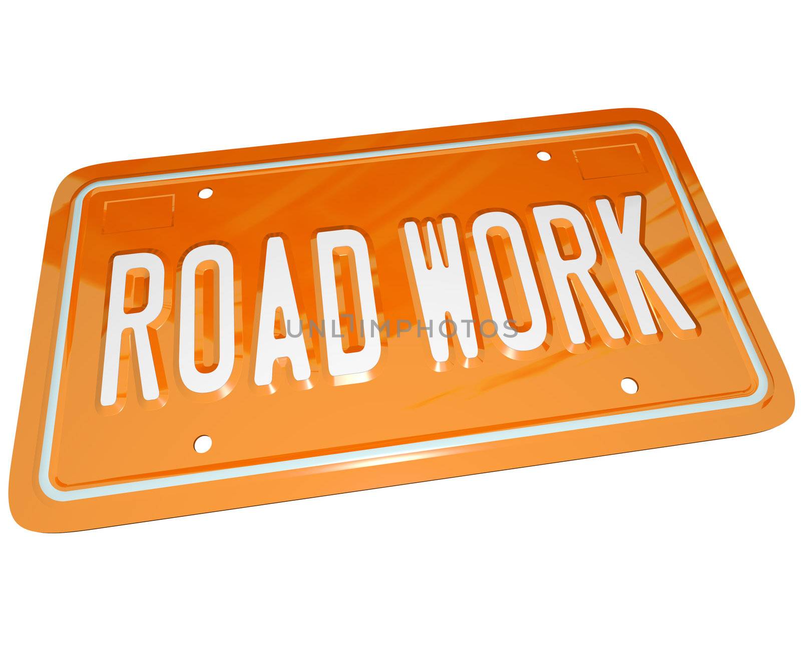 An orange metal license plate with the words Road Work communicating that there is roadwork ahead and construction is creating detours and traffic congestion
