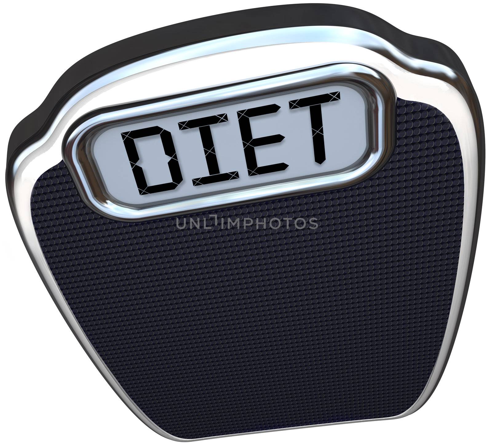 The word Diet on a scale to illustrate the need to eat less and lose weight for better health