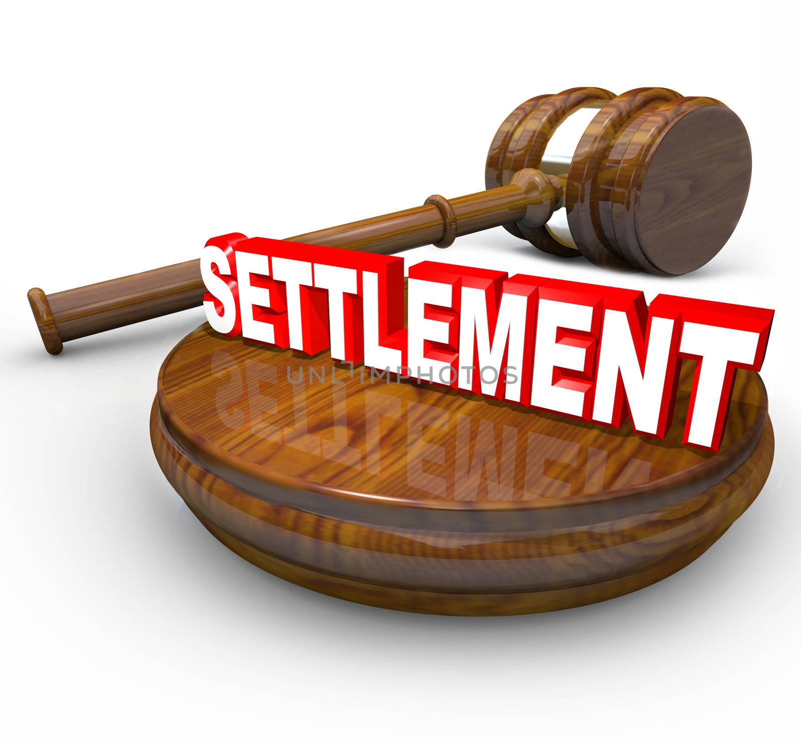 The word Settlement on a wood block beside a judge's gavel, indicating a legal lawsuit has been settled in a decision with an agreement between the plantiff and defendant
