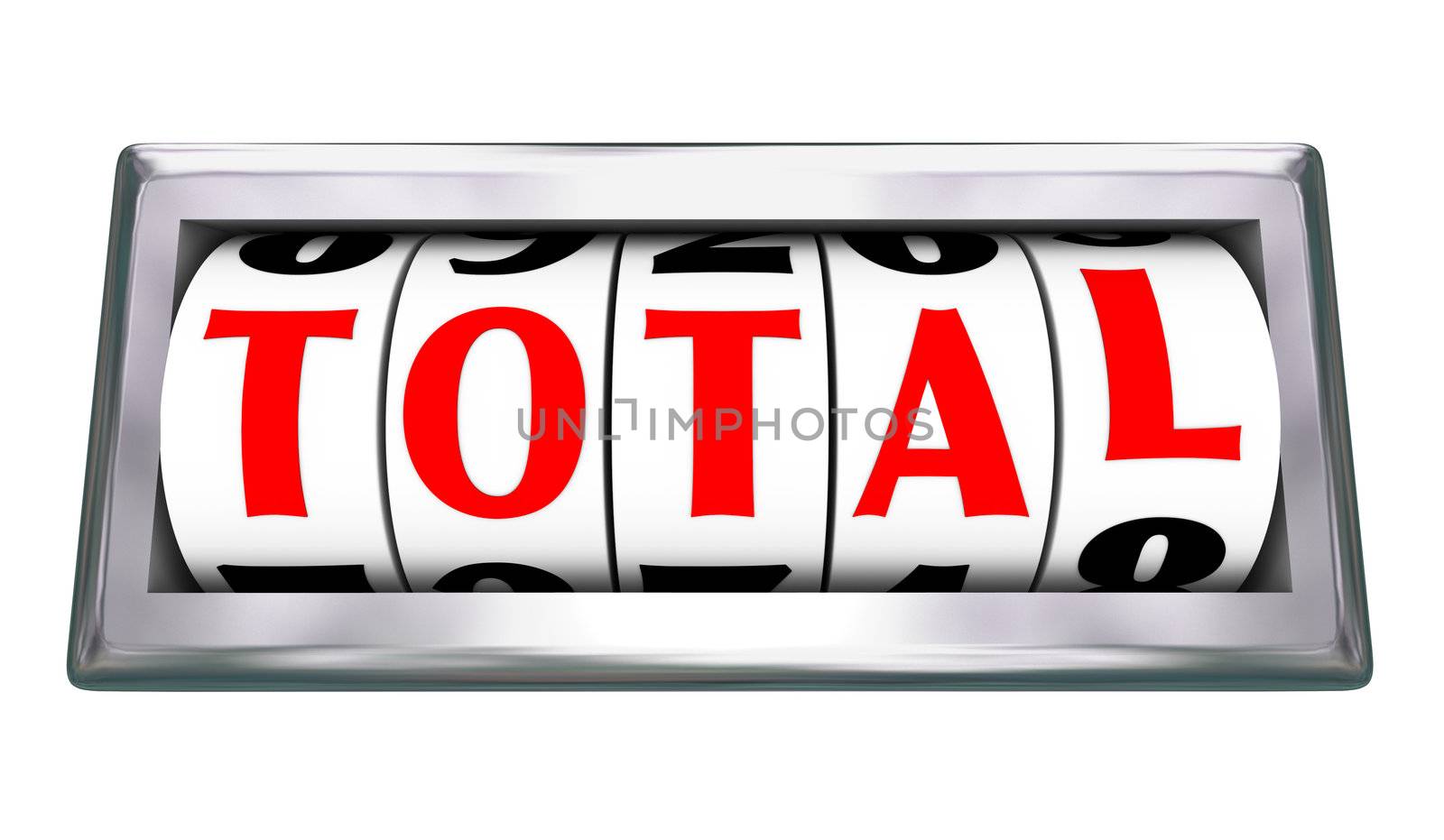 The letters in the word Total lining up on an odometer or slot wheels to show an ultimate number being added to measure money or other object