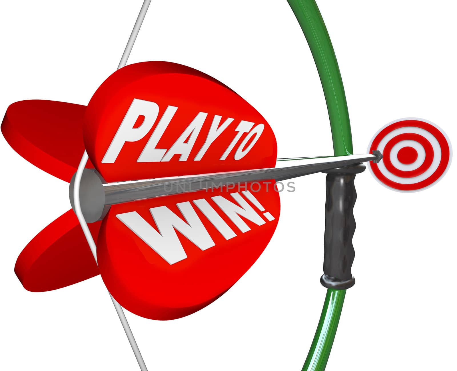 The words Play to Win on a bow and arrow pointing at a target to represent determination, focus and resolve in aiming to meet your goal and achieve success