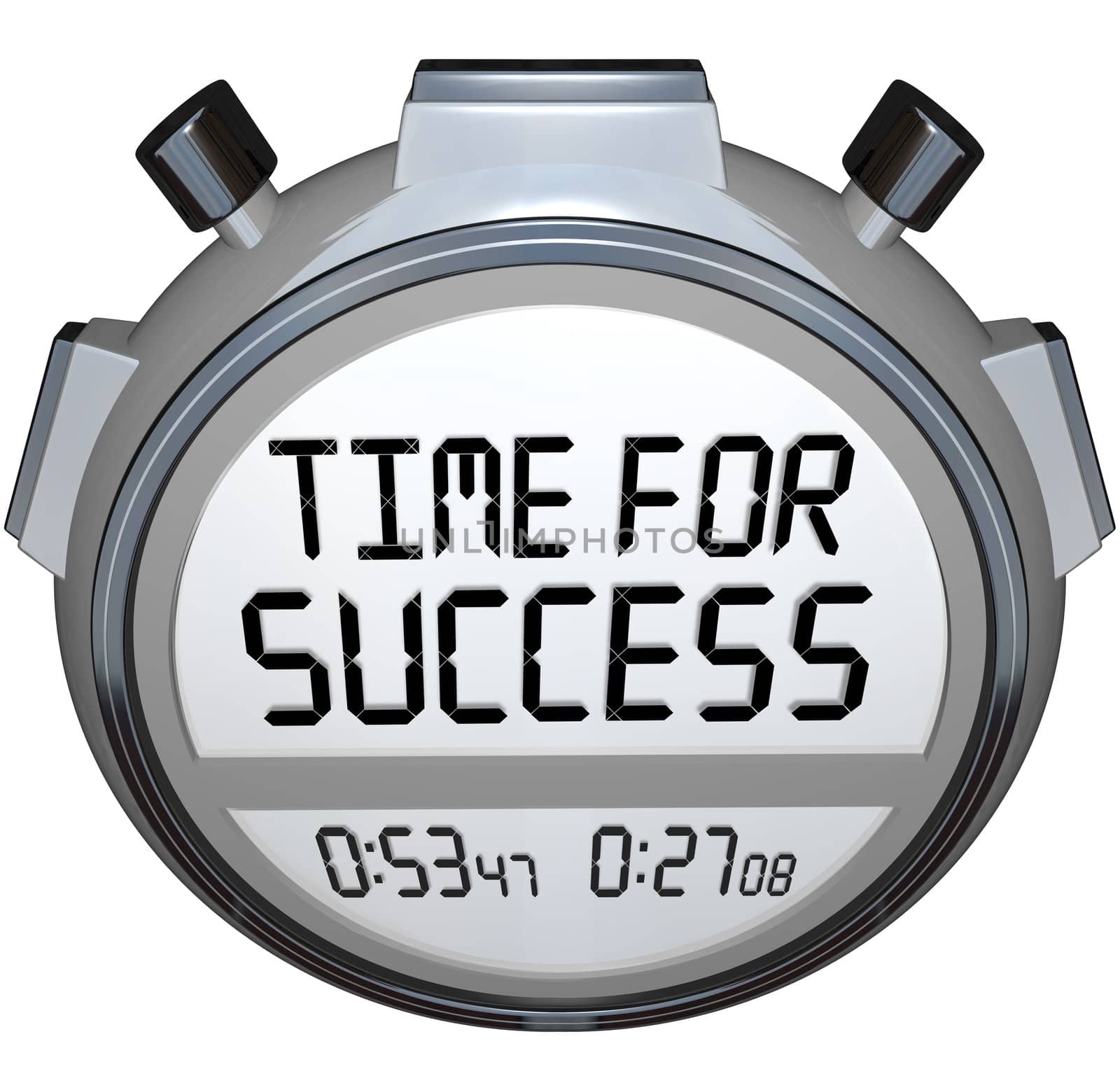 A stopwatch timer shows the words Time for Success indicating it is now the moment to give your all in an effort to achieve your goal and win the competition in a sporting event or other contest