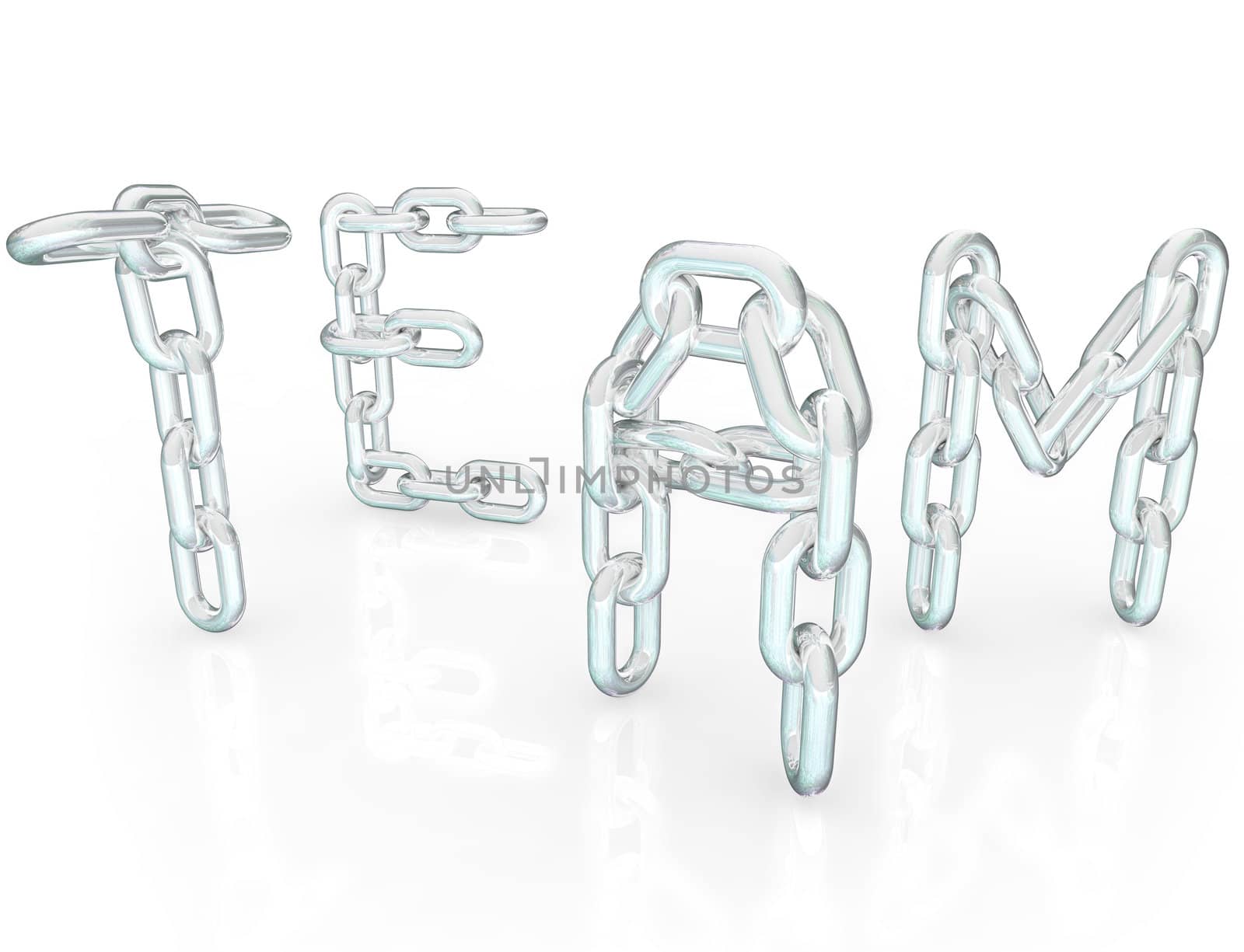 The word Team made up of chain links symbolizing teamwork, togetherness, community, solidarity and society, people joining together to work for the common good