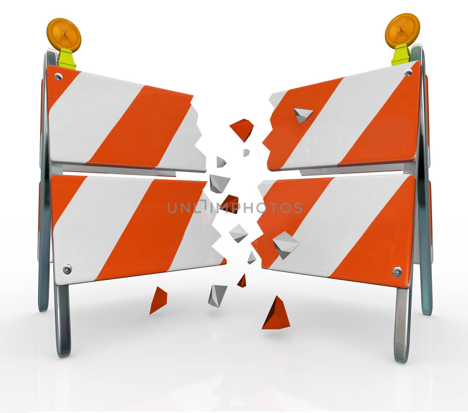 A roadblock barrier or barricade is split as you break through to freedom, overcoming an obstacle standing in your way between you and achieving your goals