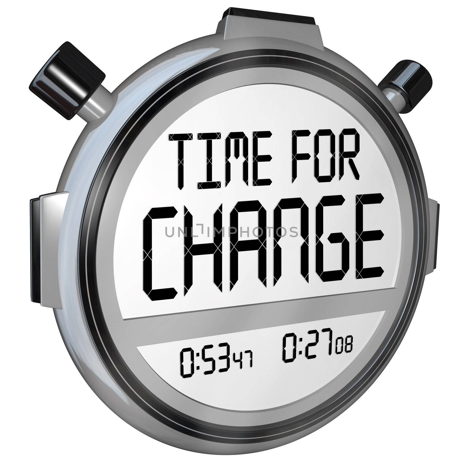 A 3d render of a stopwatch timer and the words Time for Change counting down to a break for changing with innovation or doing something different for a variation