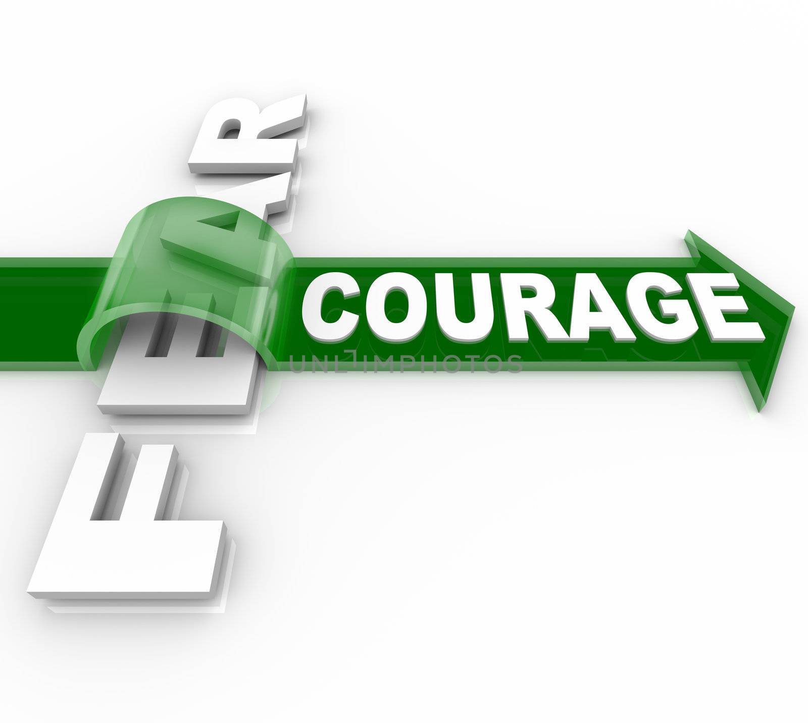 The word Courage riding an arrow over and overcoming Fear, representing the bravery and confidence needed to succeed and win in the face of your fears