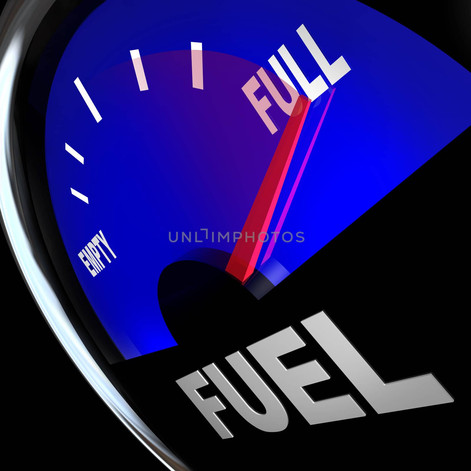 The needle pointing to Full on a fuel gauge representing a filled gas tank so you have the power and energy needed to reach a destination or complete a mission