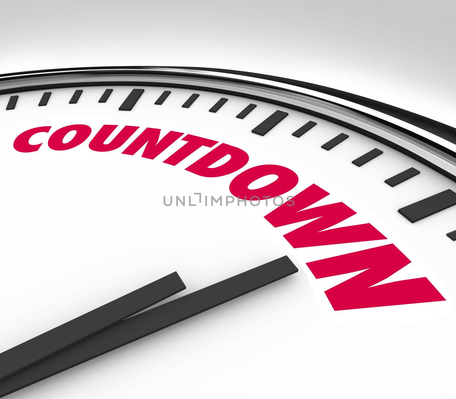 A white clock with hands pointing to the word Countdown, counting down the final hours and minutes before the end of a period or the deadline for an important event or game