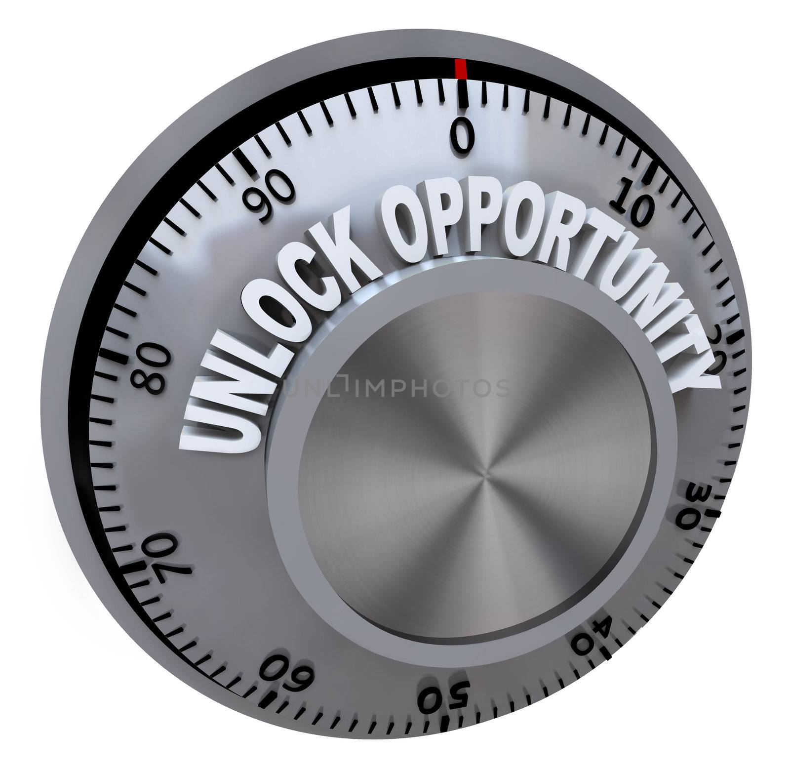 A safe lock dial with the words Unlock Opportunities telling you to enter the combination or secret code to open the door to new possibilities in your career, job or other apsects of life