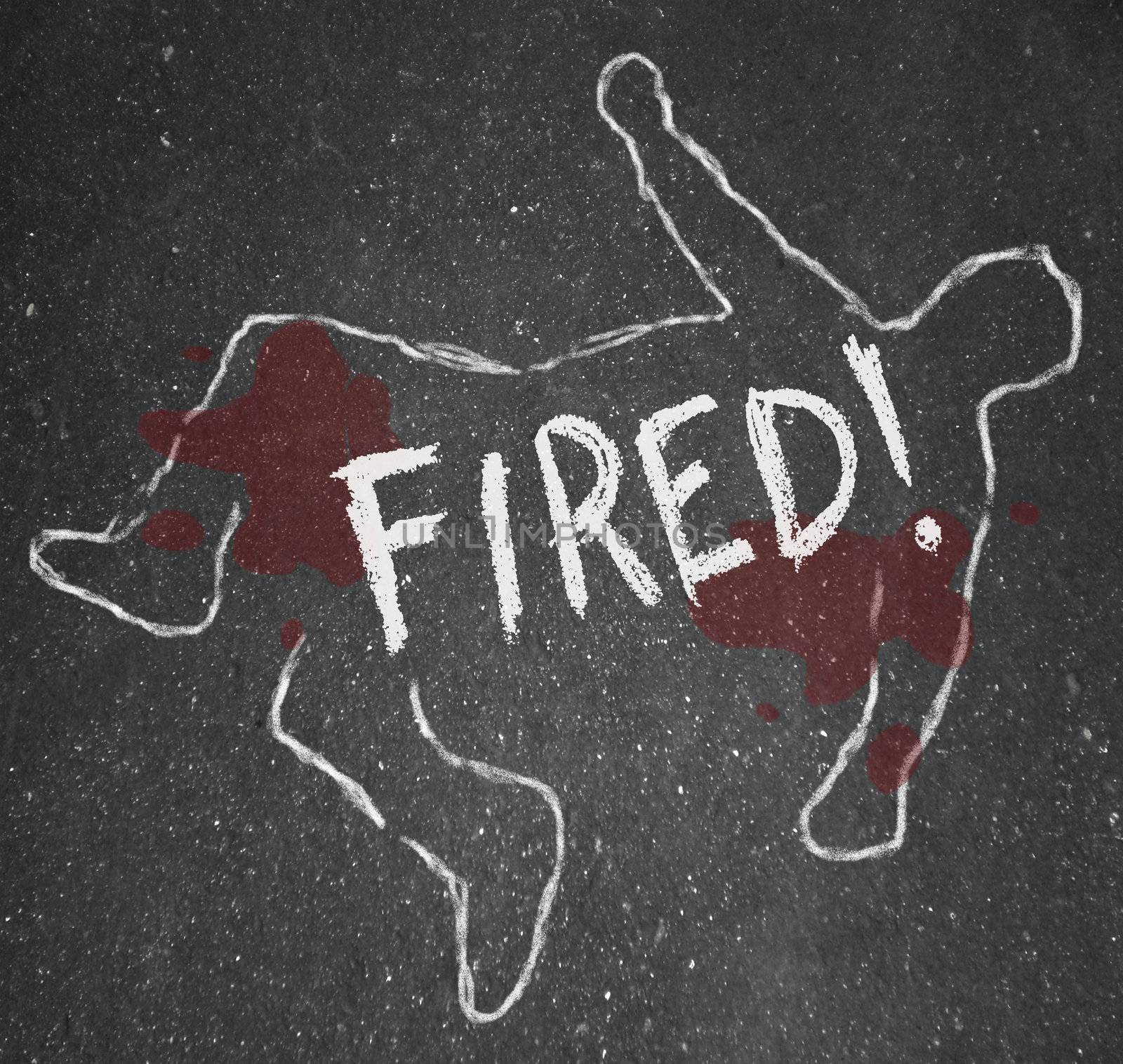 The word Fired on a chalk outline of a dead body symbolizing someone who has been the victim of firing or layoffs at a place of employment and is now unemployed