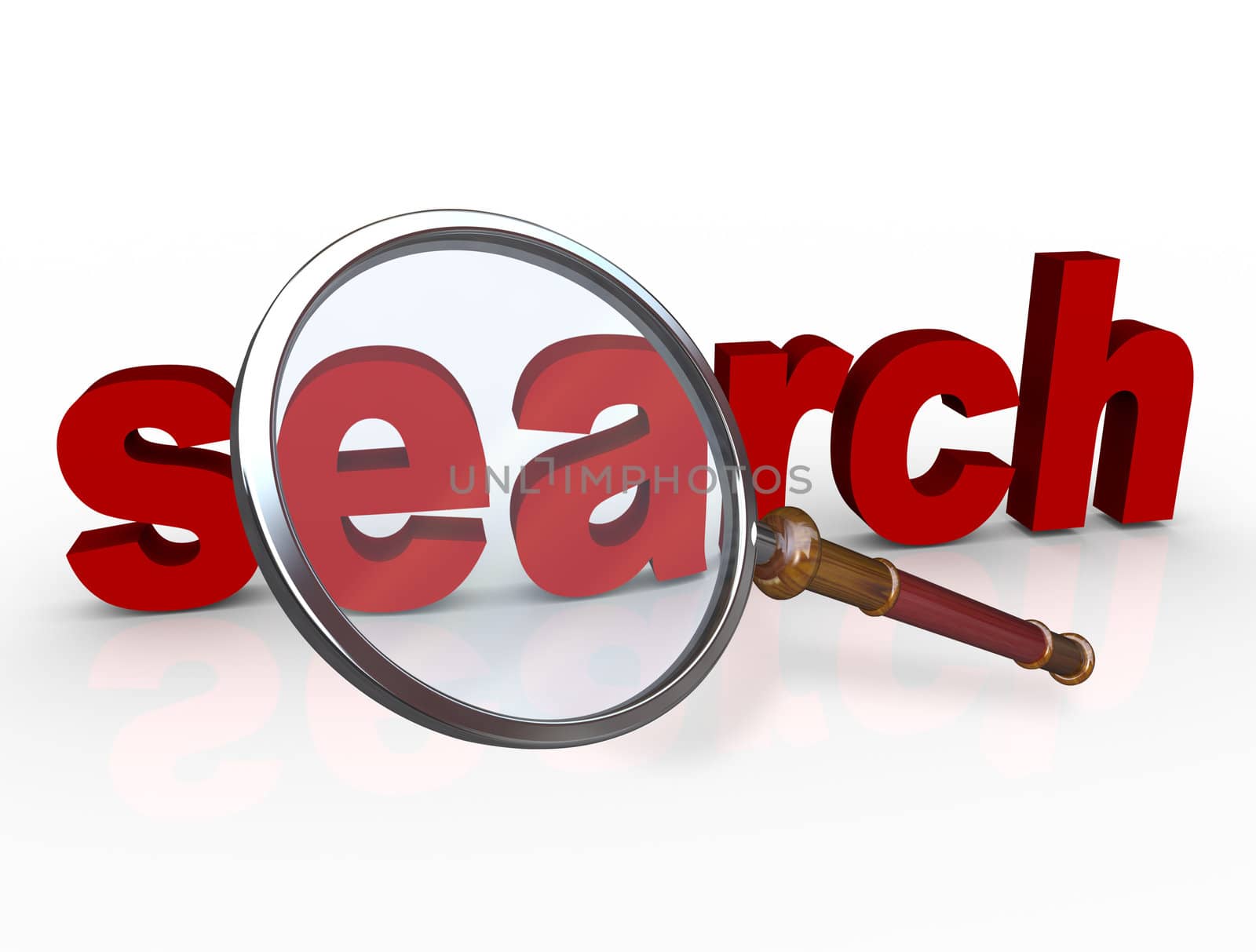 The word Search in red 3D letters with a magnifying glass hovering over it symbolizing the importance of searching for the information and facts you need for research in school or work