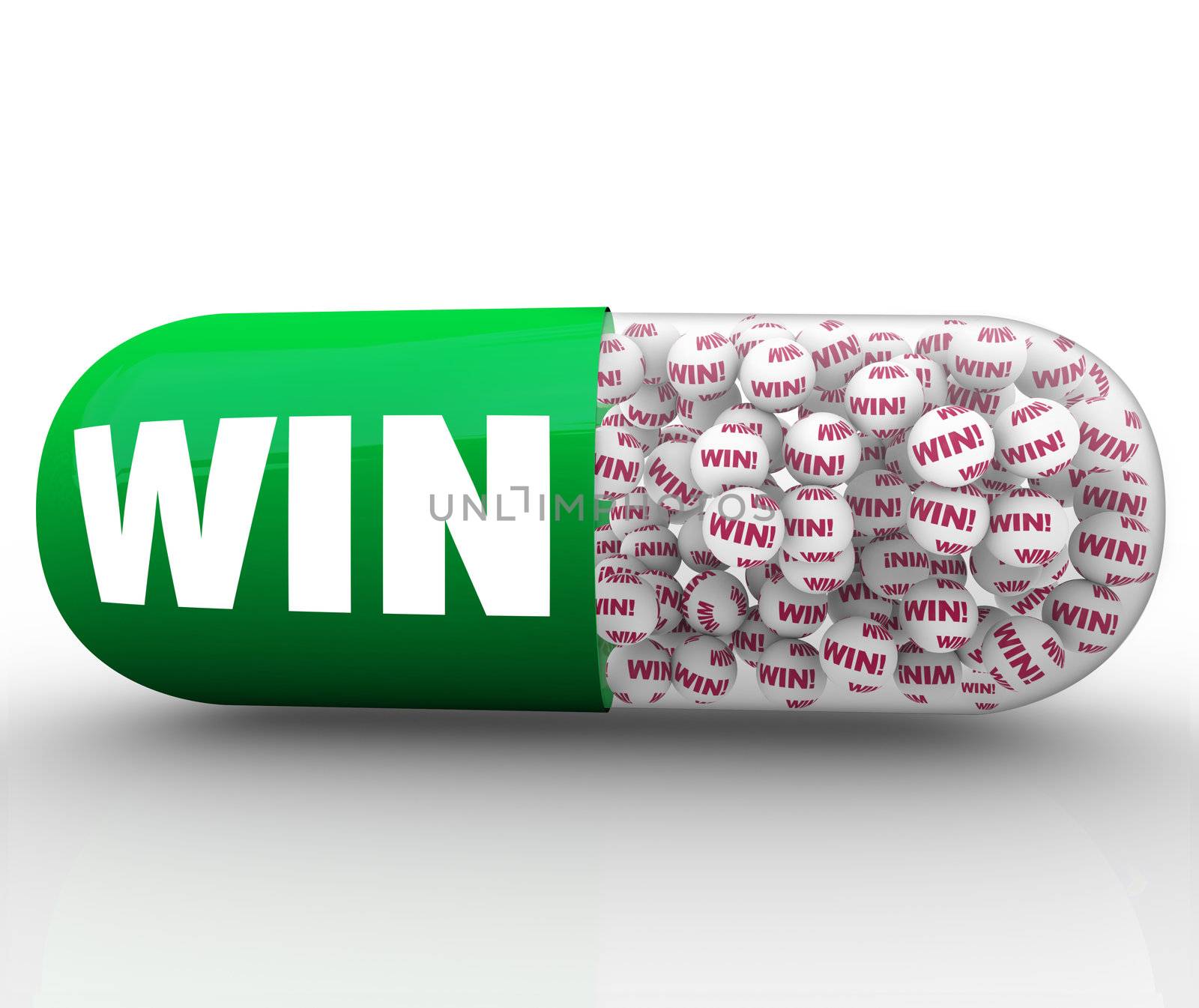 A green capsule pill with the word Win on tiny balls inside representing instant success, finding the right solution to be a winner, or using steroids to cheat in a game or competition