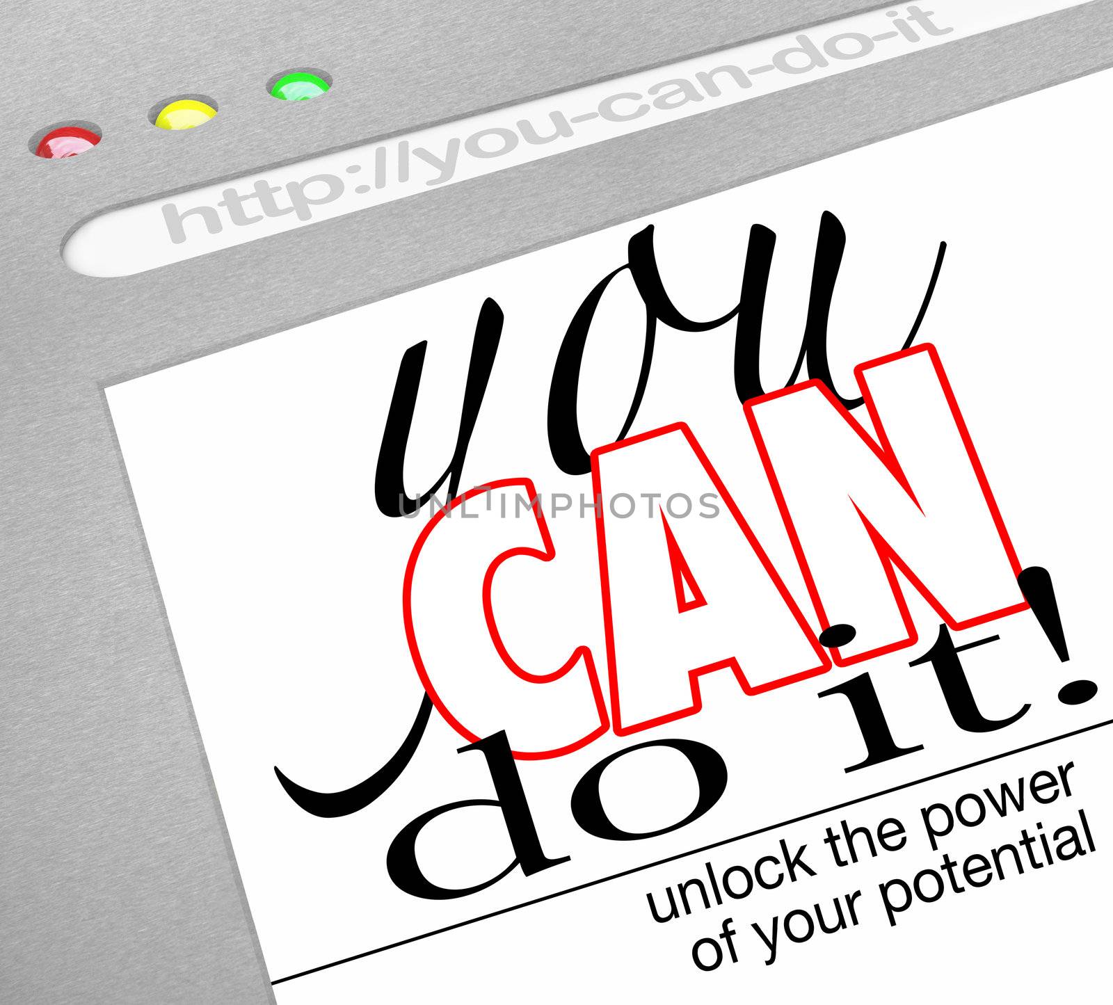 A website background in an Internet browser window with the headline You Can Do It - Unlock the Power of Your Potential offering self-help techniques and a how-to on succeeding in life and achiving goals