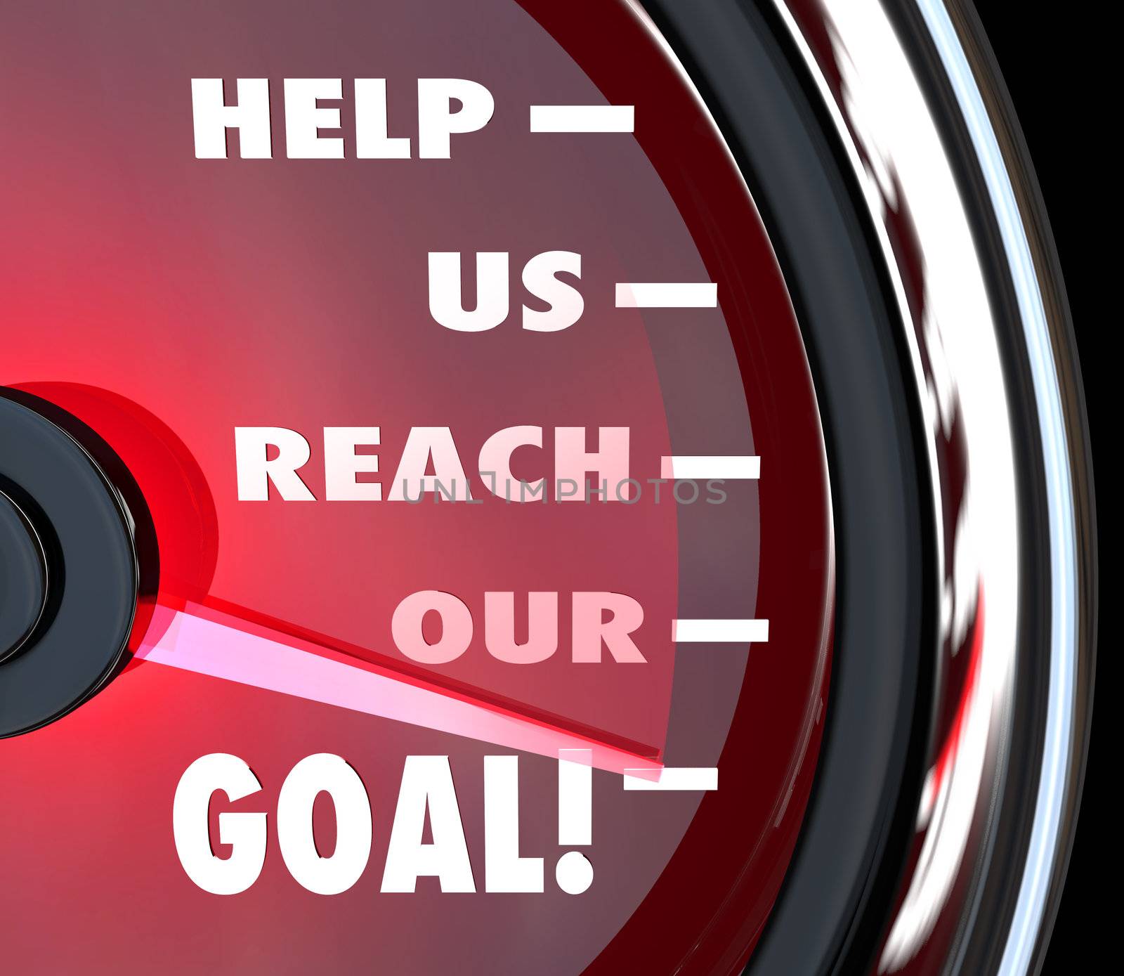 A red speedometer with needle rising past the words Help Us Reach Our Goal to communicate a plea for fundraising support, team effort, charitable donation or other means of assistance