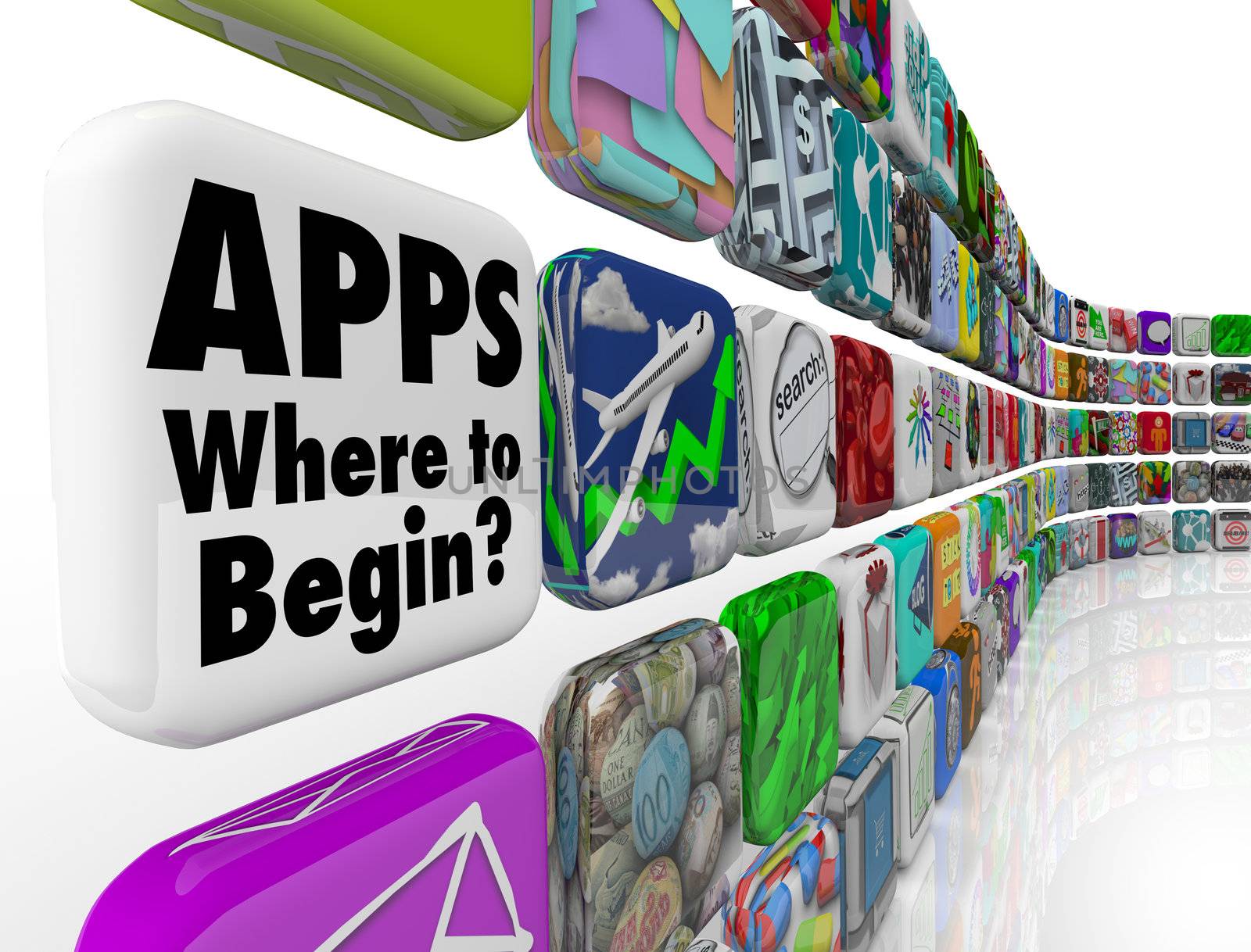 The words Apps - Where to Begin asking if you need help choosing the best app programs or software to put on your mobile device or smart phone, or how to develop applications