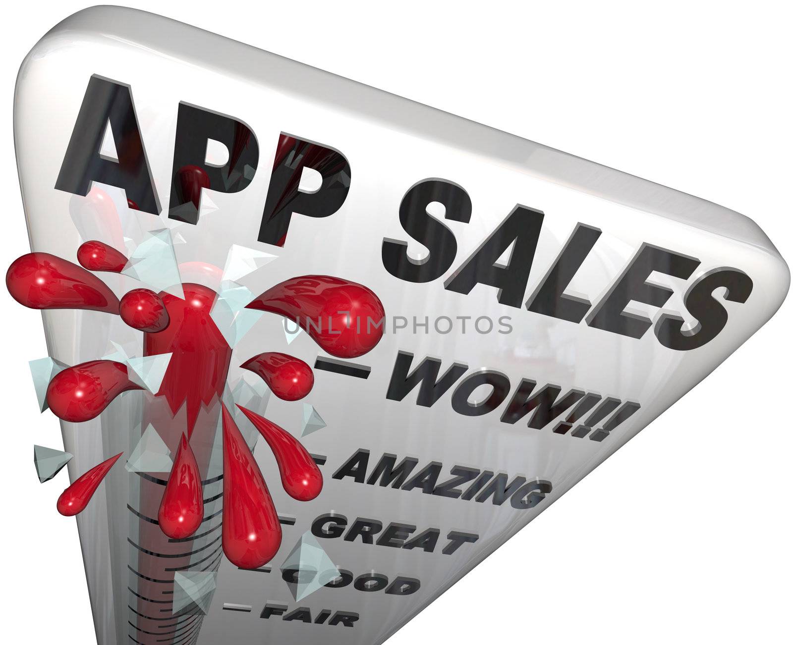 The words App Sales on a thermometer tracking the rising revenues and profits enjoyed by application software stores offering downloadable software for smart phones and mobile computers