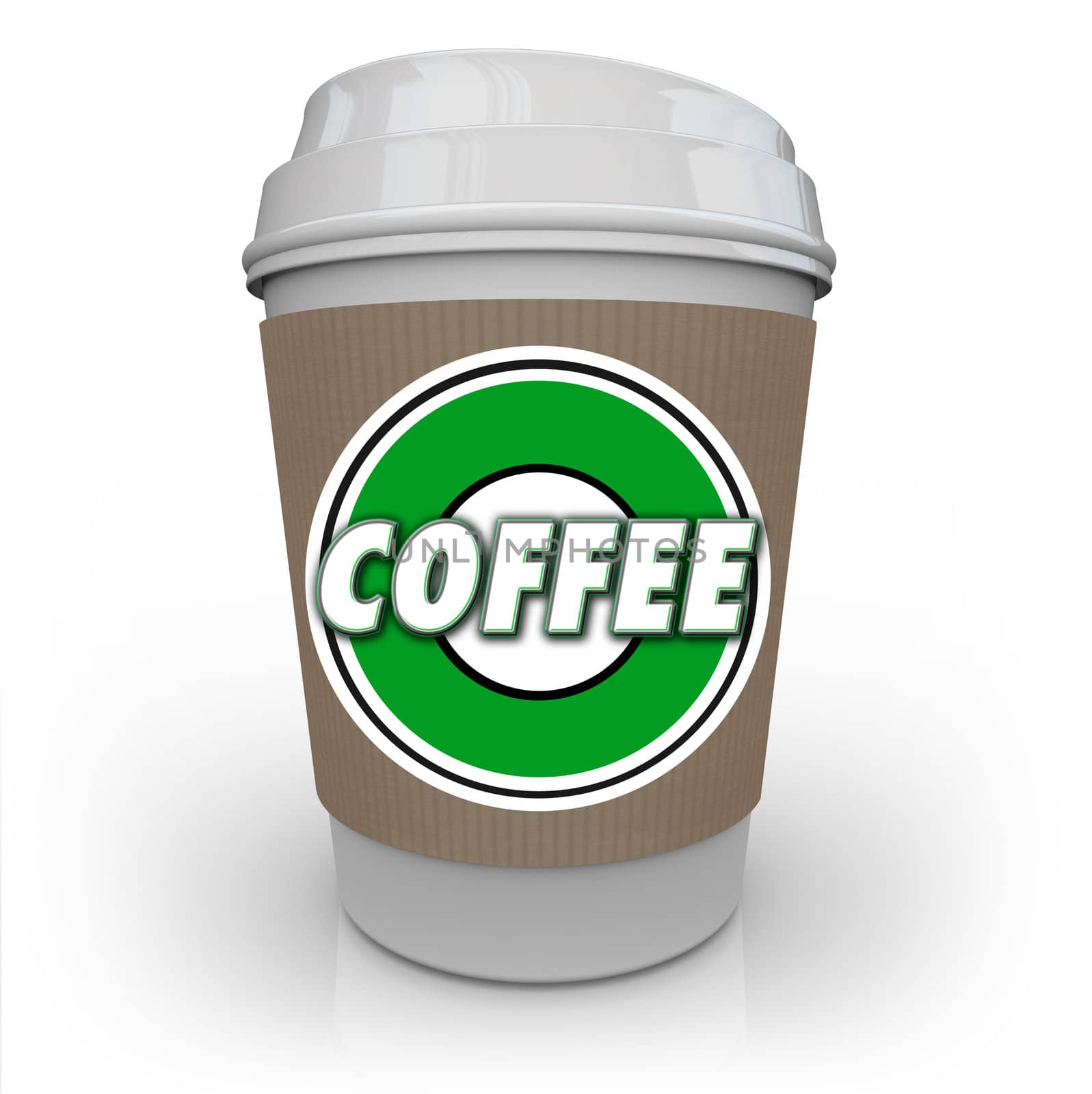 A cup of coffee from a store or restaurant with a holder sleeve and logo with the word Coffee on it to help wake you up in the morning with a jolt of caffeine java