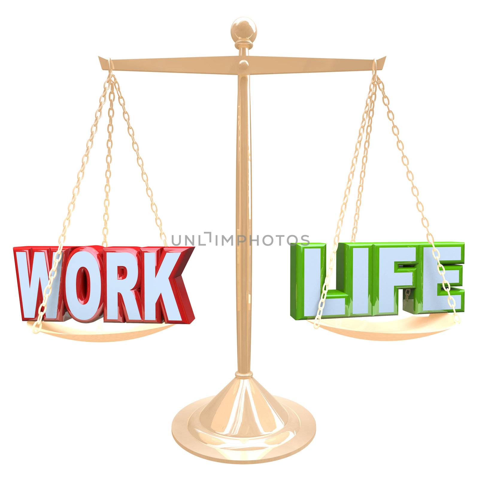 The words Work and Life are balanced against each other on a scale to determine what are the right amounts of each to create harmony in your life