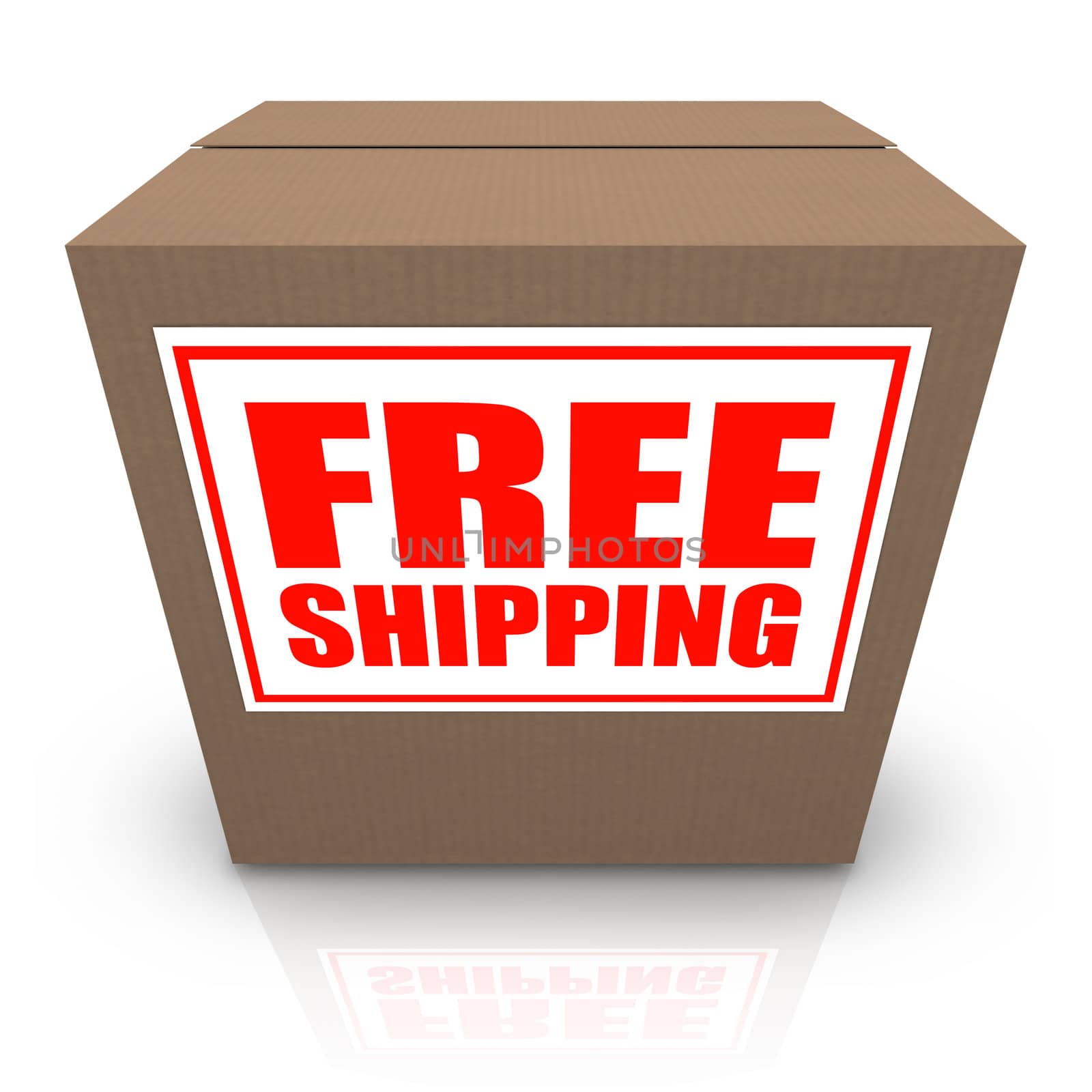 A brown cardboard box with a white sticker and red letters reading Free Shipping offering a special no cost shipment plan for your order of merchandise
