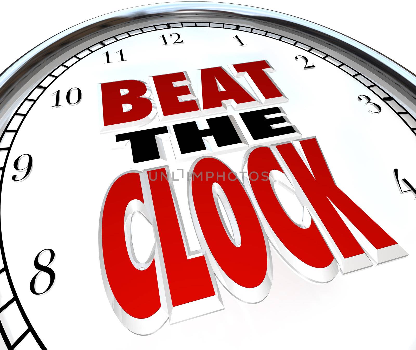 The words Beat the Clock on a clock face to illustrate the need to complete a task before a deadline or be the first to finish before the countdown and win a competition