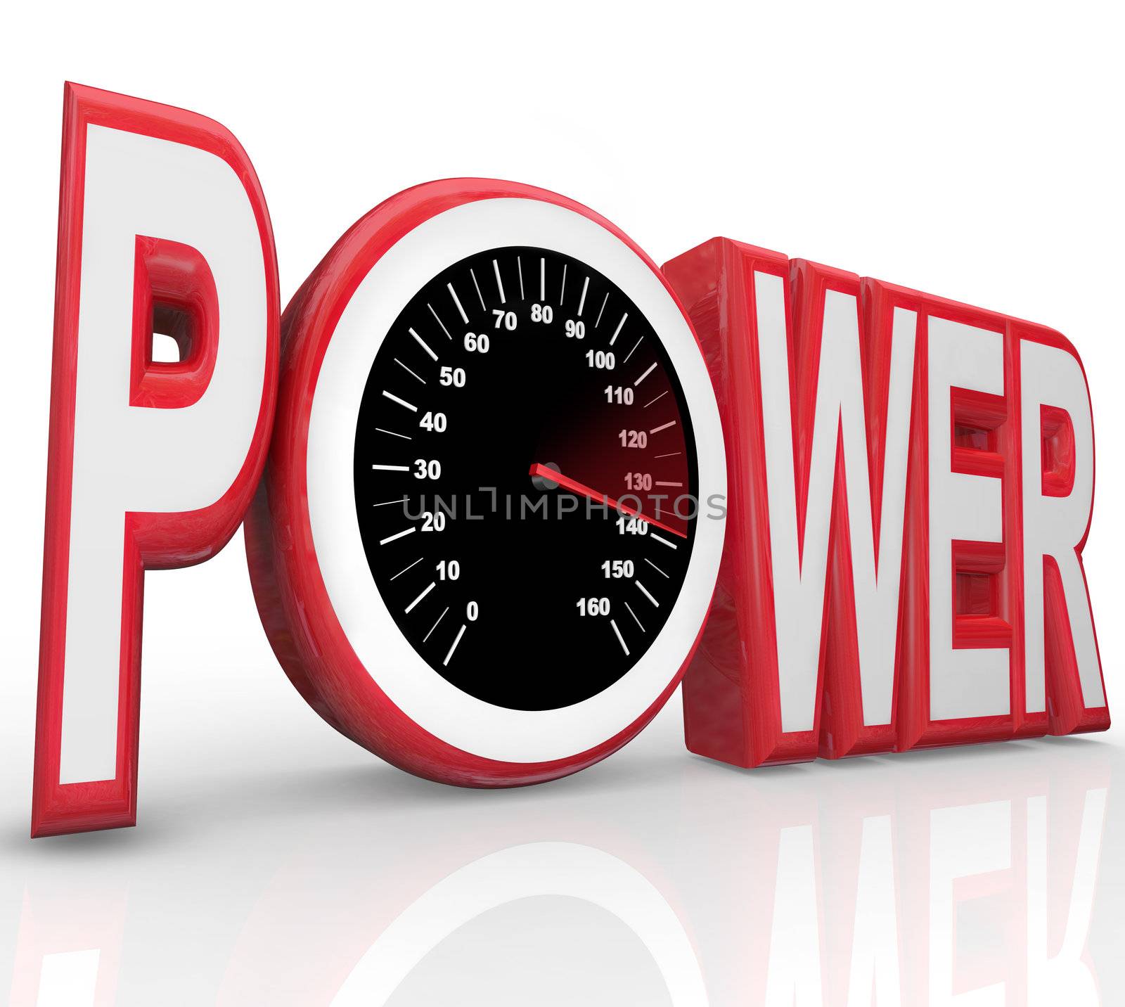 The word Power with a speedometer in the letter O representing powerful energy and speed racing to complete a challenge or win a race or competition