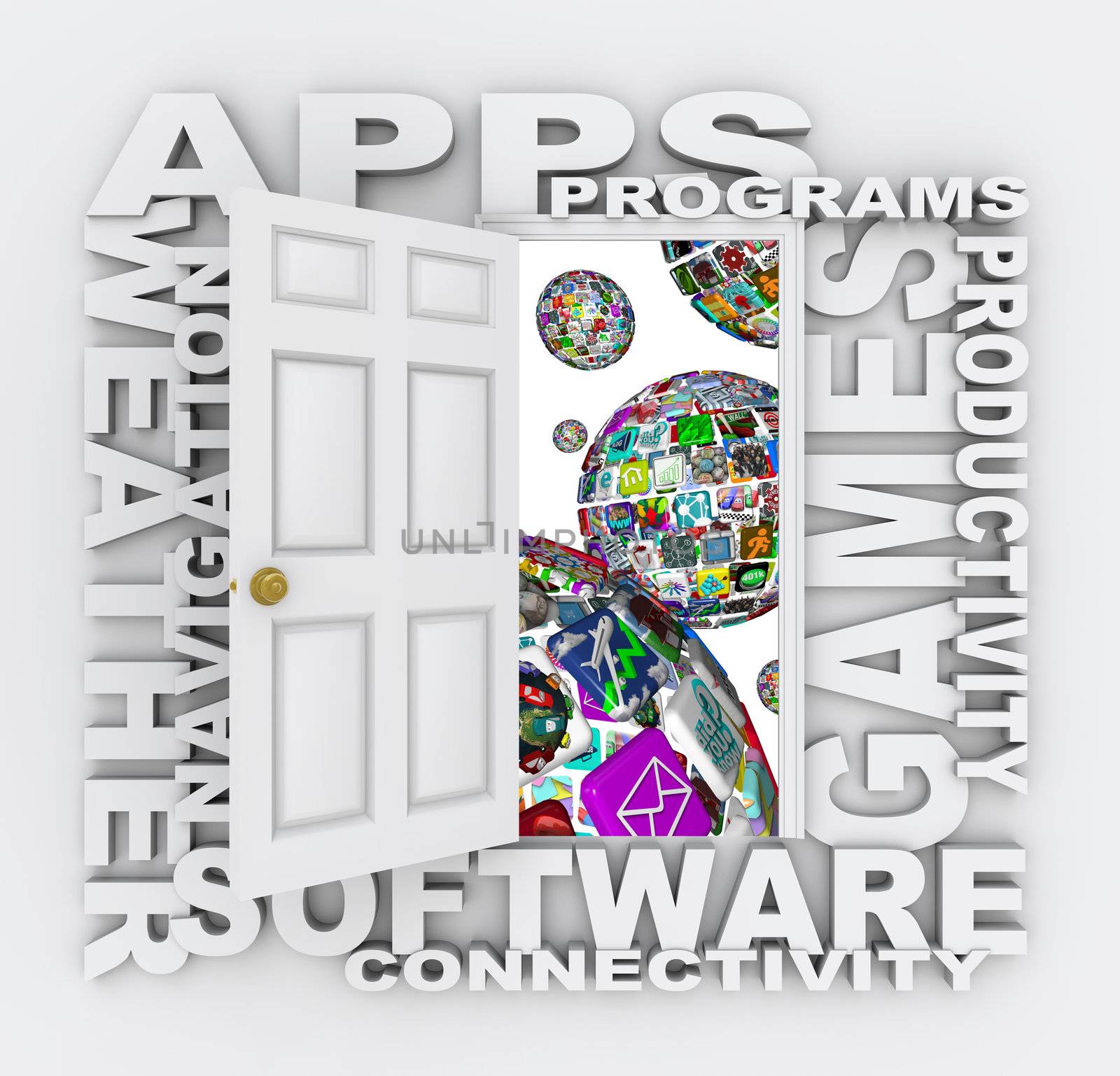 A door opens to reveal many words of apps - spheres made up of application icons and tiles for downloading to a smart phone, tablet computer or other mobile device