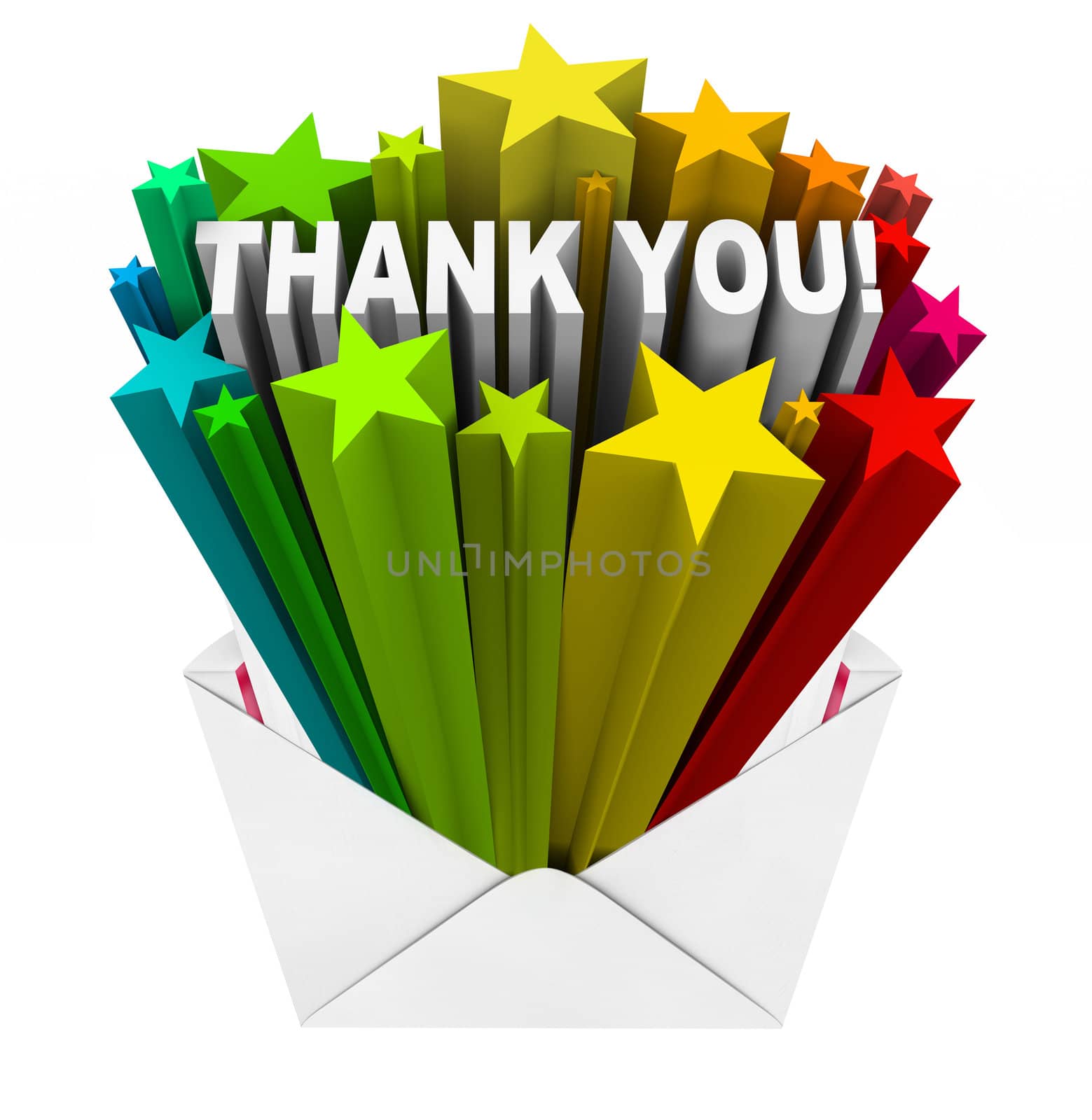 An envelope opening to show a burst of stars and the words Thank You to show appreciation for help given or a job well done