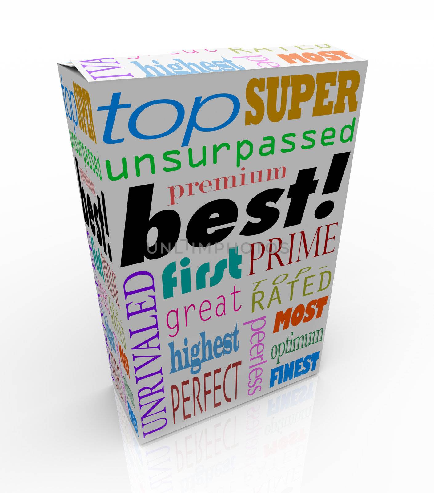 The word Best and many others representing high regard and accolades on a product box, such as top, unrivaled, perfect, premier, unsurpassed, perfect, great, most, first, and more