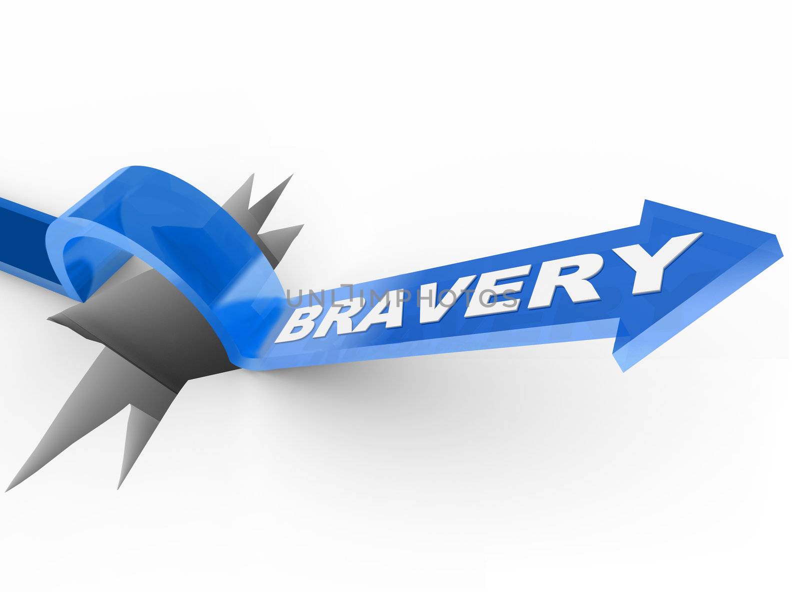 The word Bravery on a blue arrow jumping over a hole symbolizing the survival instinct and being brave and courageous to beat and overcome an obstacle
