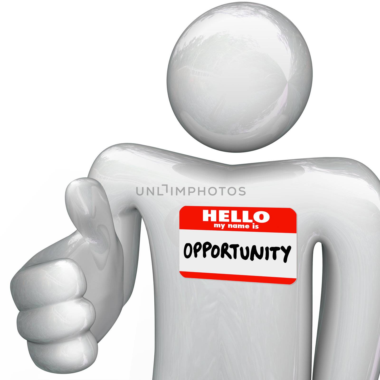 A person holds out his hand for a handshake, greeting you with a nametag reading Hello My Name is Opportunity, representing a new opportunities for your career, job, business or life prospects