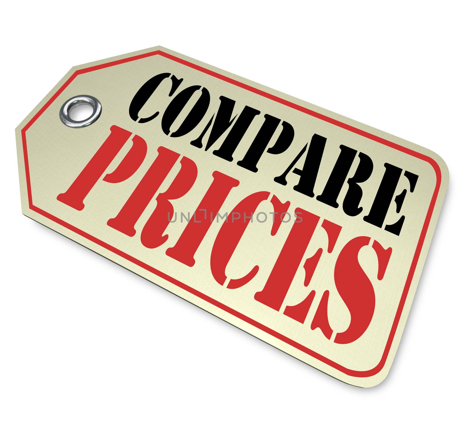 A price tag with the words Compare Prices telling you to do comparison shopping before buying or purchasing merchandise to save money
